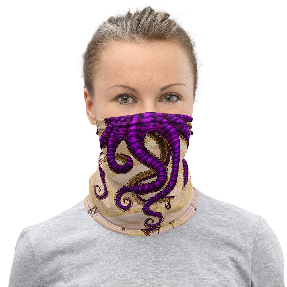 Tentacles Neck Gaiter, Face Mask, Head Covering, Octopus Art, Indie Outfit - Purple & Sand - Abysm Internal