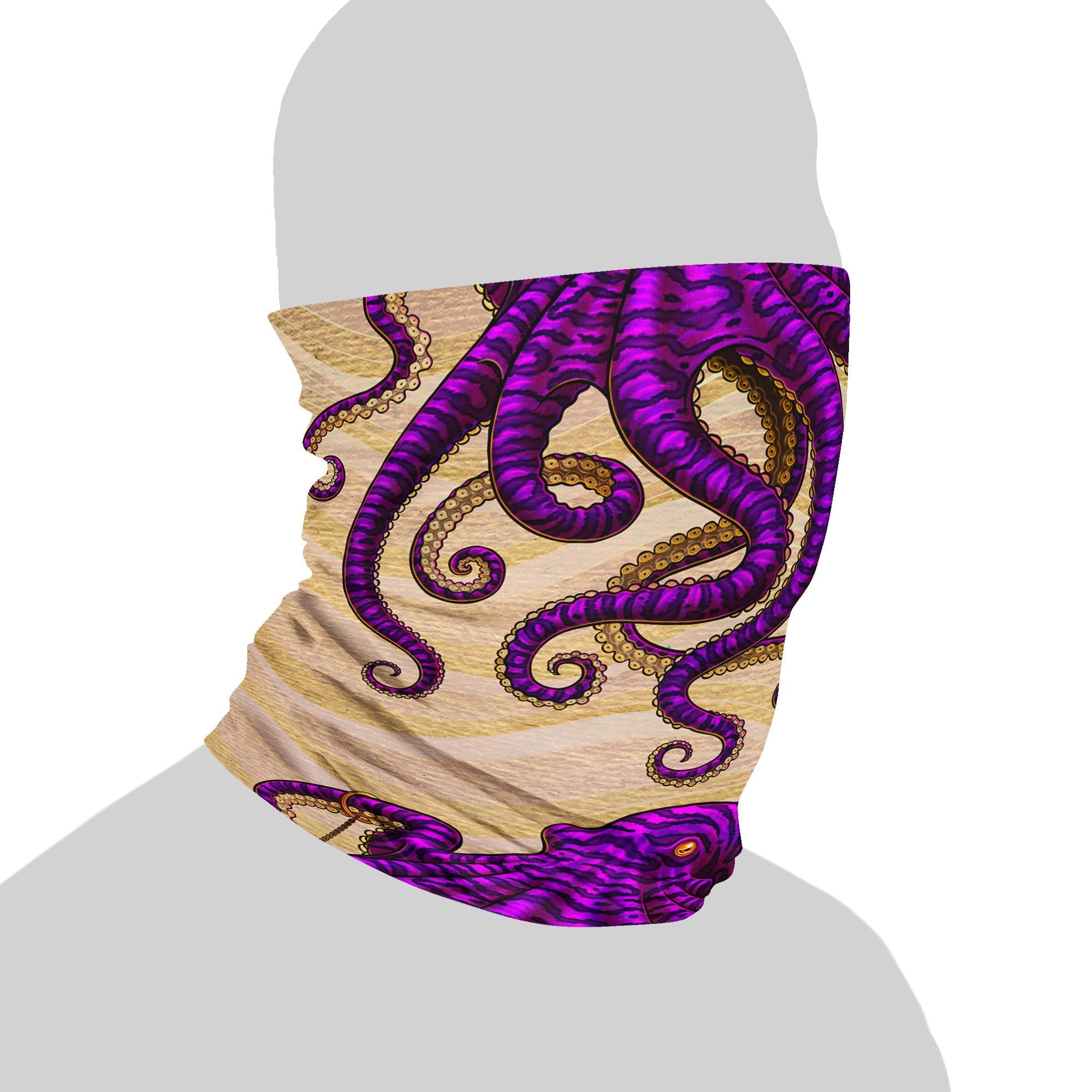 Tentacles Neck Gaiter, Face Mask, Head Covering, Octopus Art, Indie Outfit - Purple & Sand - Abysm Internal