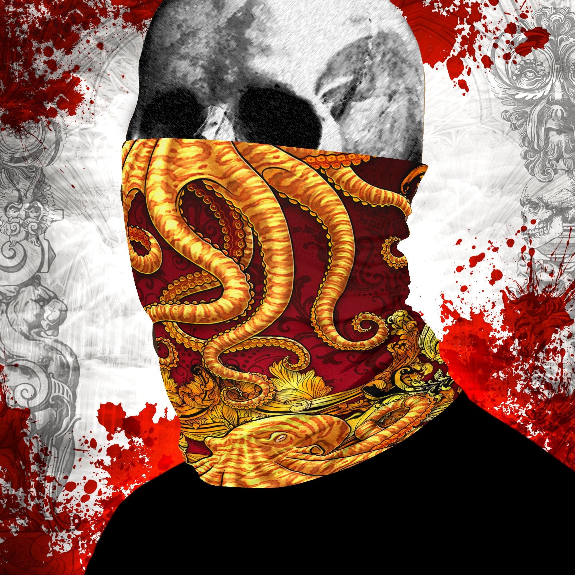 Tentacles Neck Gaiter, Face Mask, Head Covering, Octopus, Indie Outfit - Gold & Red - Abysm Internal