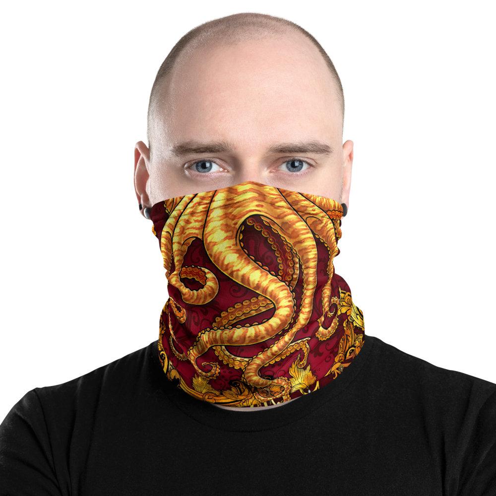 Tentacles Neck Gaiter, Face Mask, Head Covering, Octopus, Indie Outfit - Gold & Red - Abysm Internal