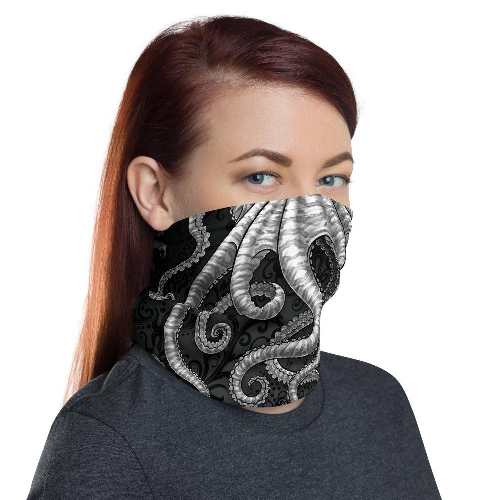 Tentacles Neck Gaiter, Face Mask, Head Covering, Octopus, Indie Outfit - Silver & Black - Abysm Internal