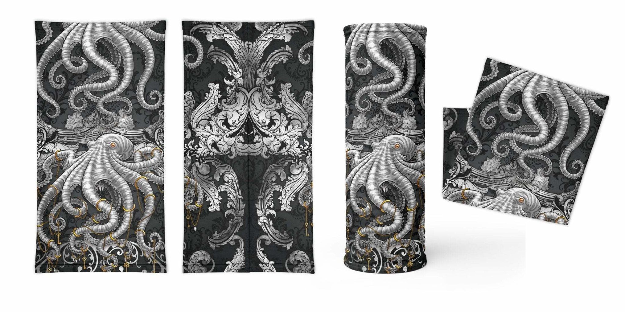 Tentacles Neck Gaiter, Face Mask, Head Covering, Octopus, Indie Outfit - Silver & Black - Abysm Internal
