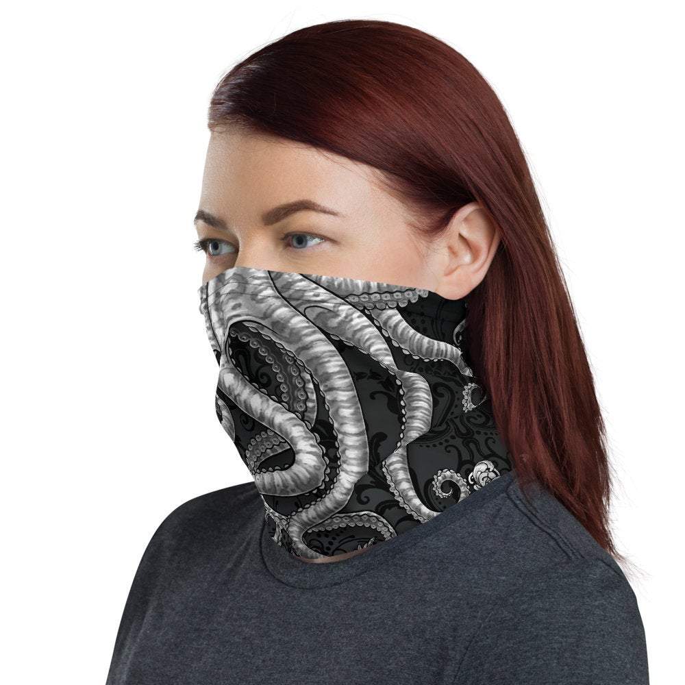Tentacles Neck Gaiter, Face Mask, Head Covering, Octopus, Indie Outfit - Silver & Black - Abysm Internal