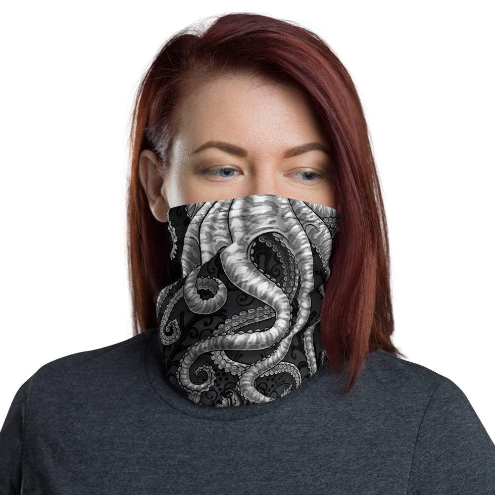 Tentacles Neck Gaiter, Face Mask, Head Covering, Octopus, Indie Outfit - Silver & Black - Abysm Internal