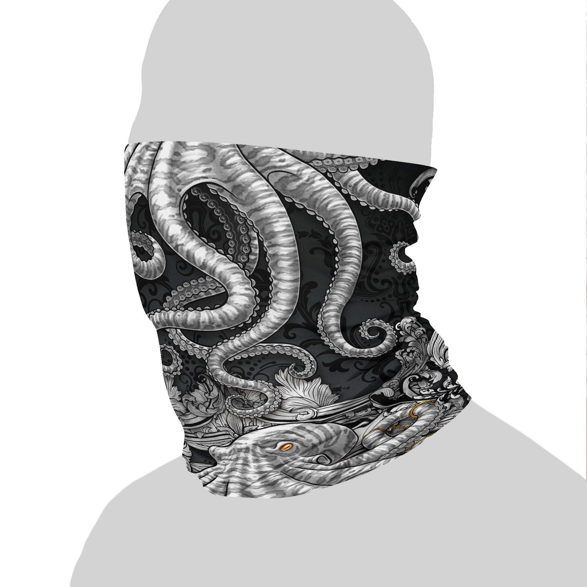 Tentacles Neck Gaiter, Face Mask, Head Covering, Octopus, Indie Outfit - Silver & Black - Abysm Internal