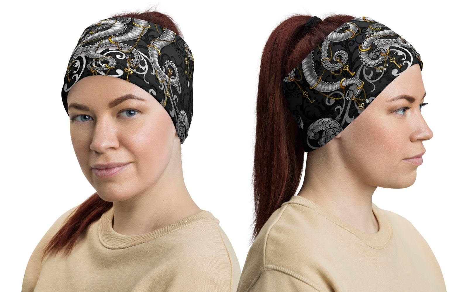 Tentacles Neck Gaiter, Face Mask, Head Covering, Octopus, Indie Outfit - Silver & Black - Abysm Internal