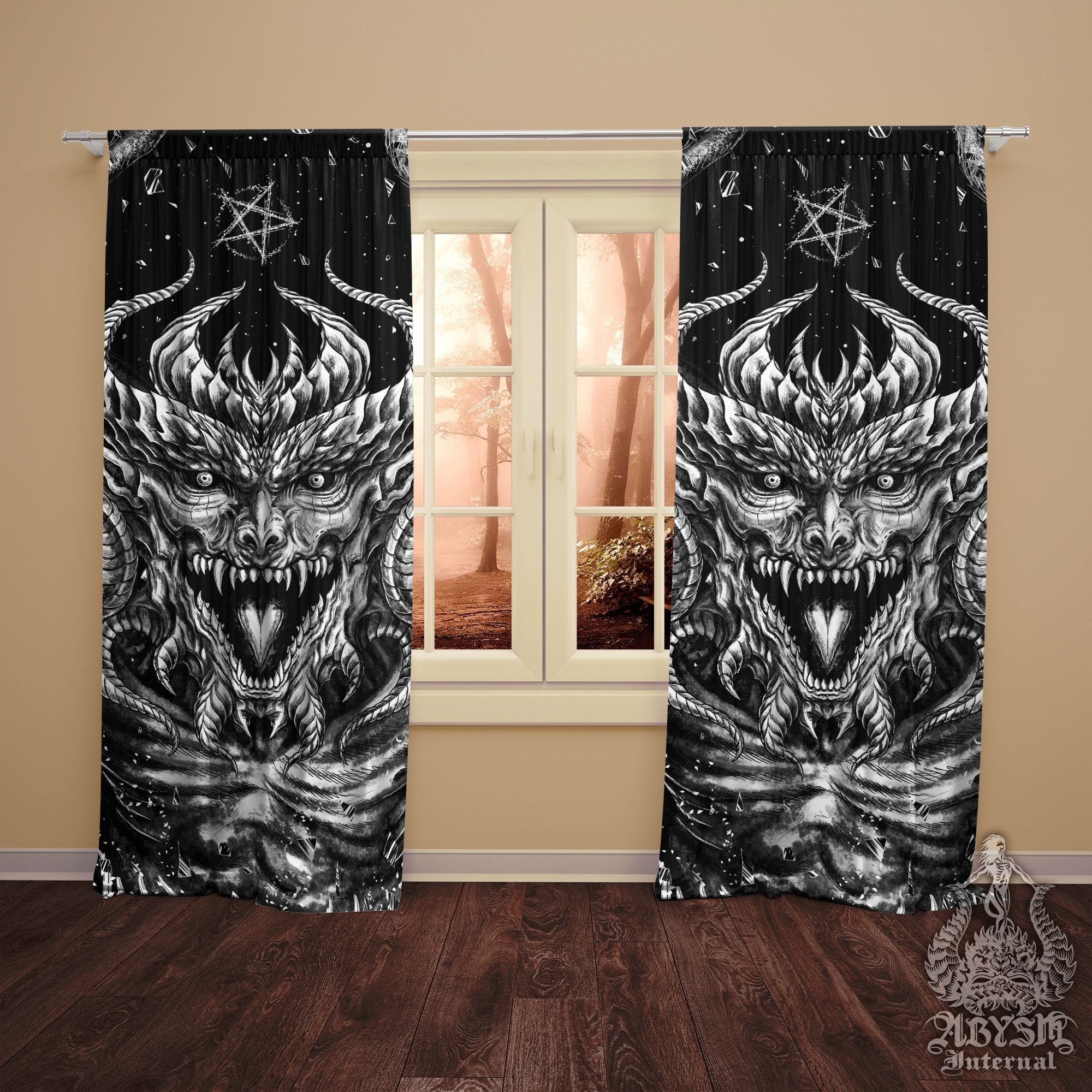 The Devil Blackout Curtains, Long Window Panels, Macabre Art Print, Satanic Room Decor - Gothic Hell - Abysm Internal