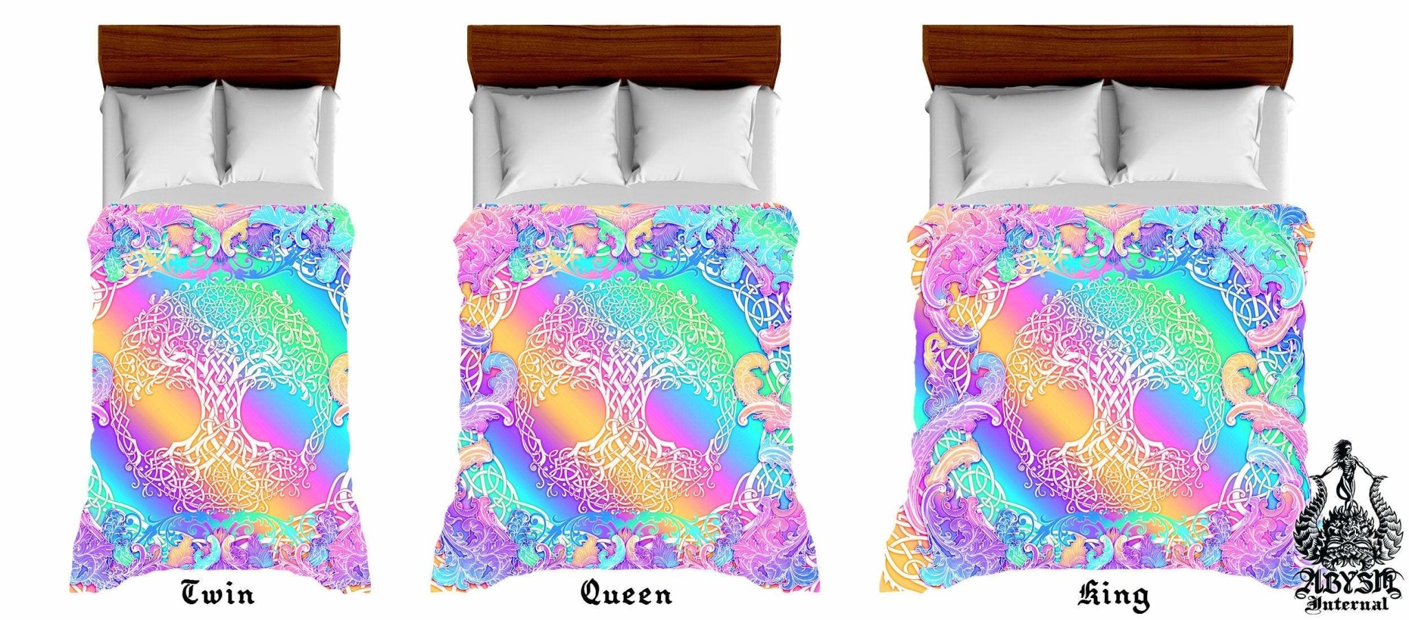 Tree of Life Bedding Set, Comforter and Duvet, Aesthetic Bed Cover, Kawaii Gamer Bedroom Decor, Witchy Pastel Room, King, Queen and Twin Size - Celtic, Psychedelic - Abysm Internal