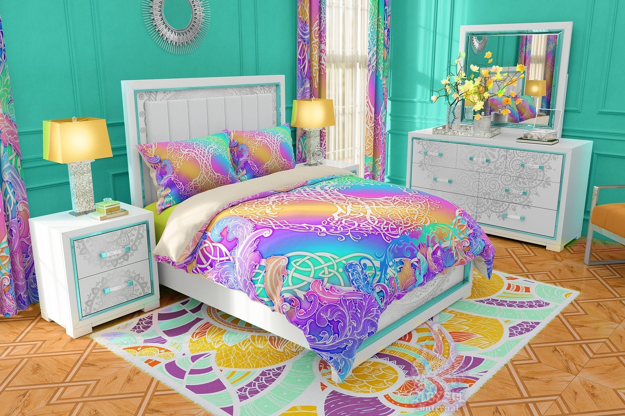 Tree of Life Bedding Set, Comforter and Duvet, Aesthetic Bed Cover, Kawaii Gamer Bedroom Decor, Witchy Pastel Room, King, Queen and Twin Size - Celtic, Psychedelic - Abysm Internal