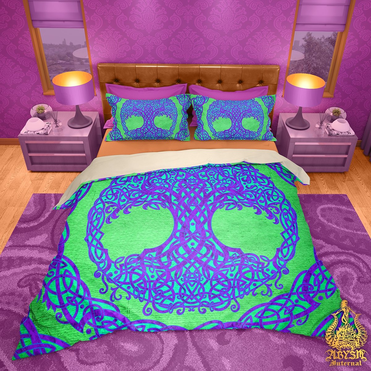 Tree of Life Bedding Set, Comforter and Duvet, Indie Bed Cover, Wiccan Bedroom Decor King, Queen and Twin Size - Celtic, Psy, Green and Purple - Abysm Internal
