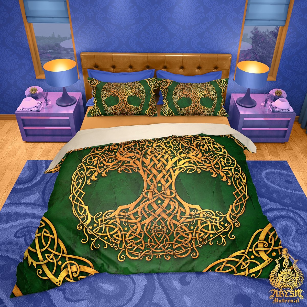 Tree of Life Bedding Set, Comforter and Duvet, Indie Bed Cover, Witchy Bedroom Decor King, Queen and Twin Size - Celtic, Gold and Green - Abysm Internal