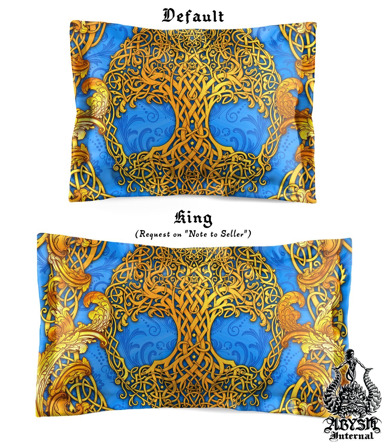 Tree of Life Bedding Set, Comforter and Duvet, Indie Bed Cover, Witchy Bedroom Decor King, Queen and Twin Size - Celtic, Vintage Ornament, Cyan and Gold - Abysm Internal