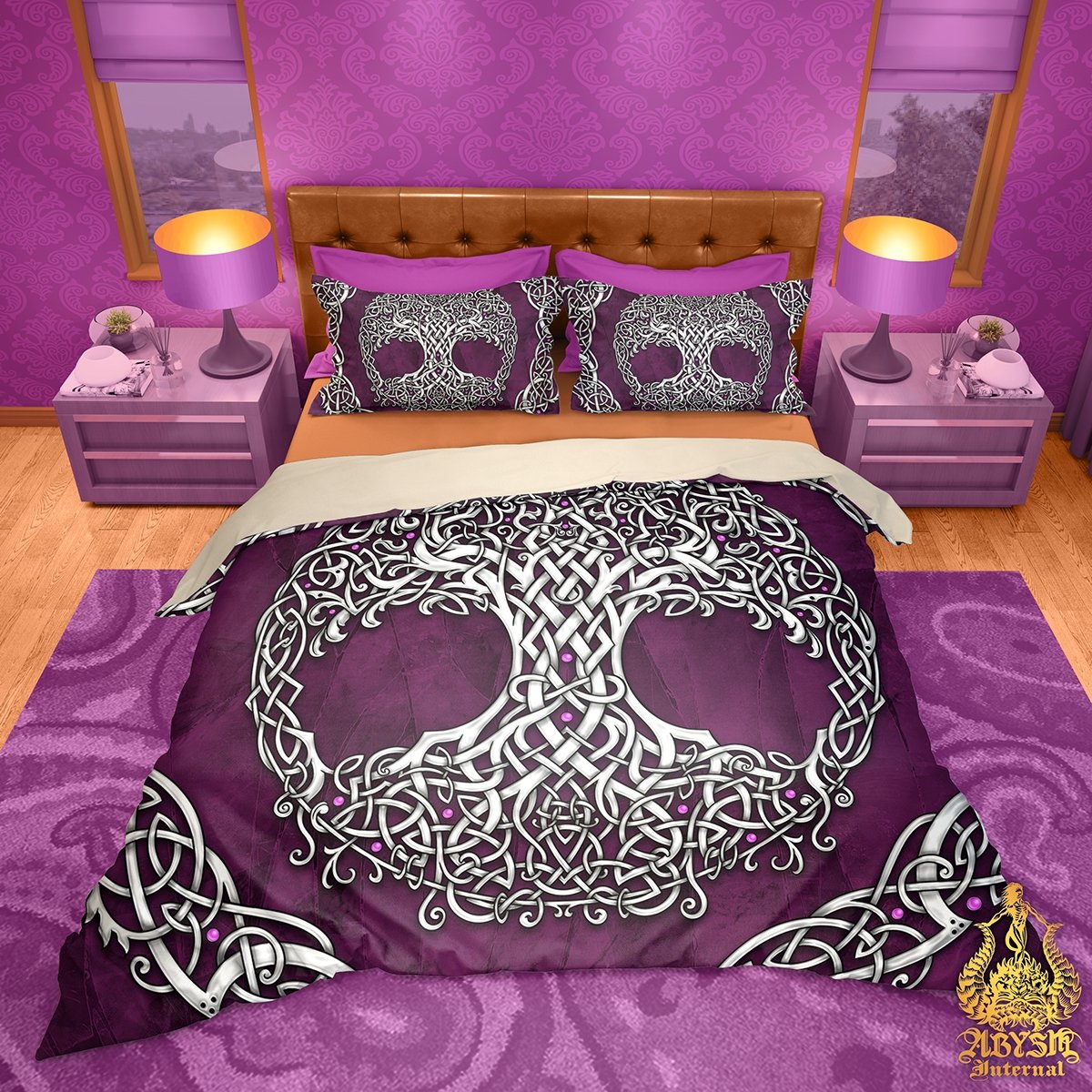 Tree of Life Bedding Set, Comforter and Duvet, Indie Bed Cover, Witchy Bedroom Decor King, Queen and Twin Size - Celtic, White and Purple - Abysm Internal