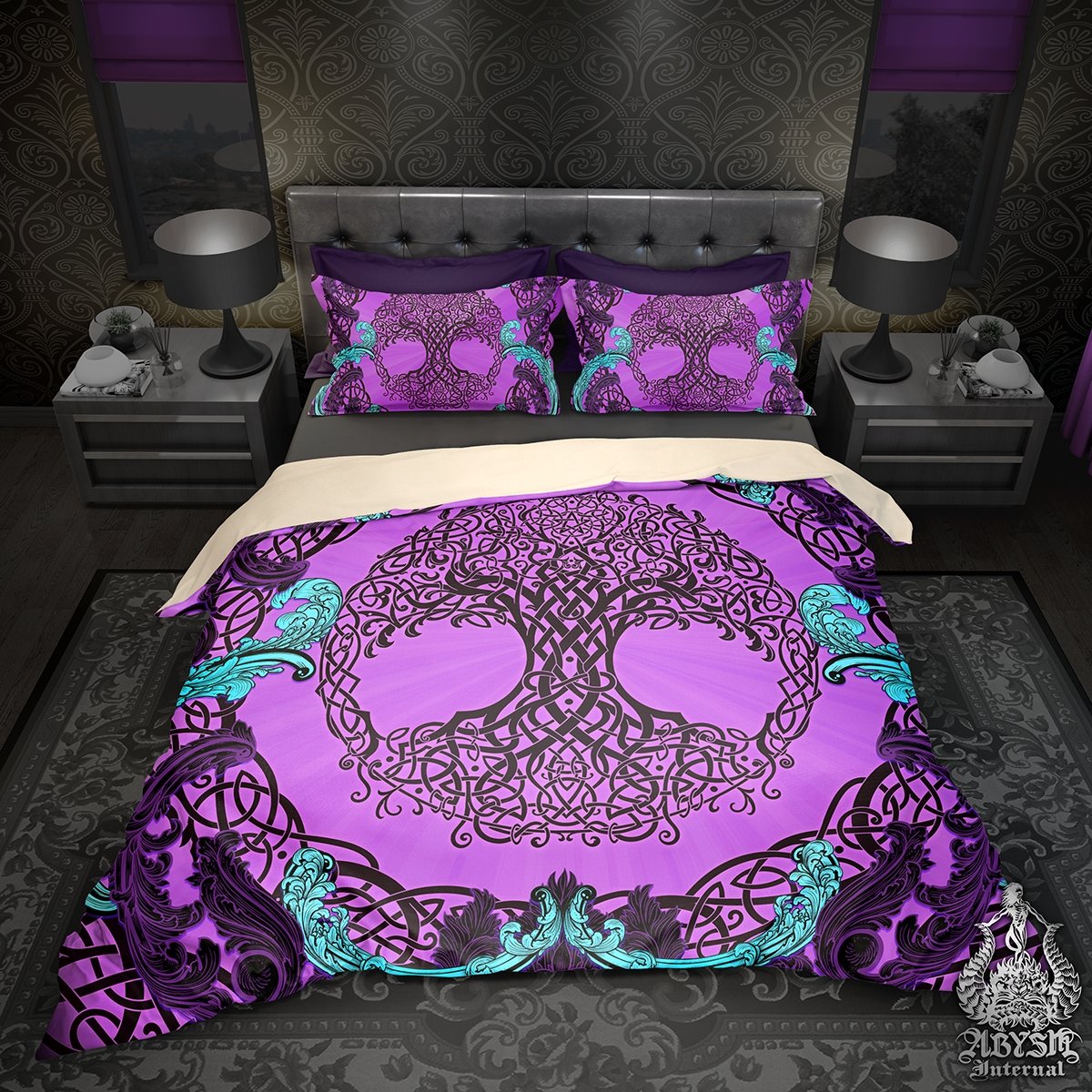 Tree of Life Bedding Set, Comforter and Duvet, Witch Bed Cover, Witchy Bedroom Decor, King, Queen and Twin Size - Celtic, Pastel Goth, Purple - Abysm Internal