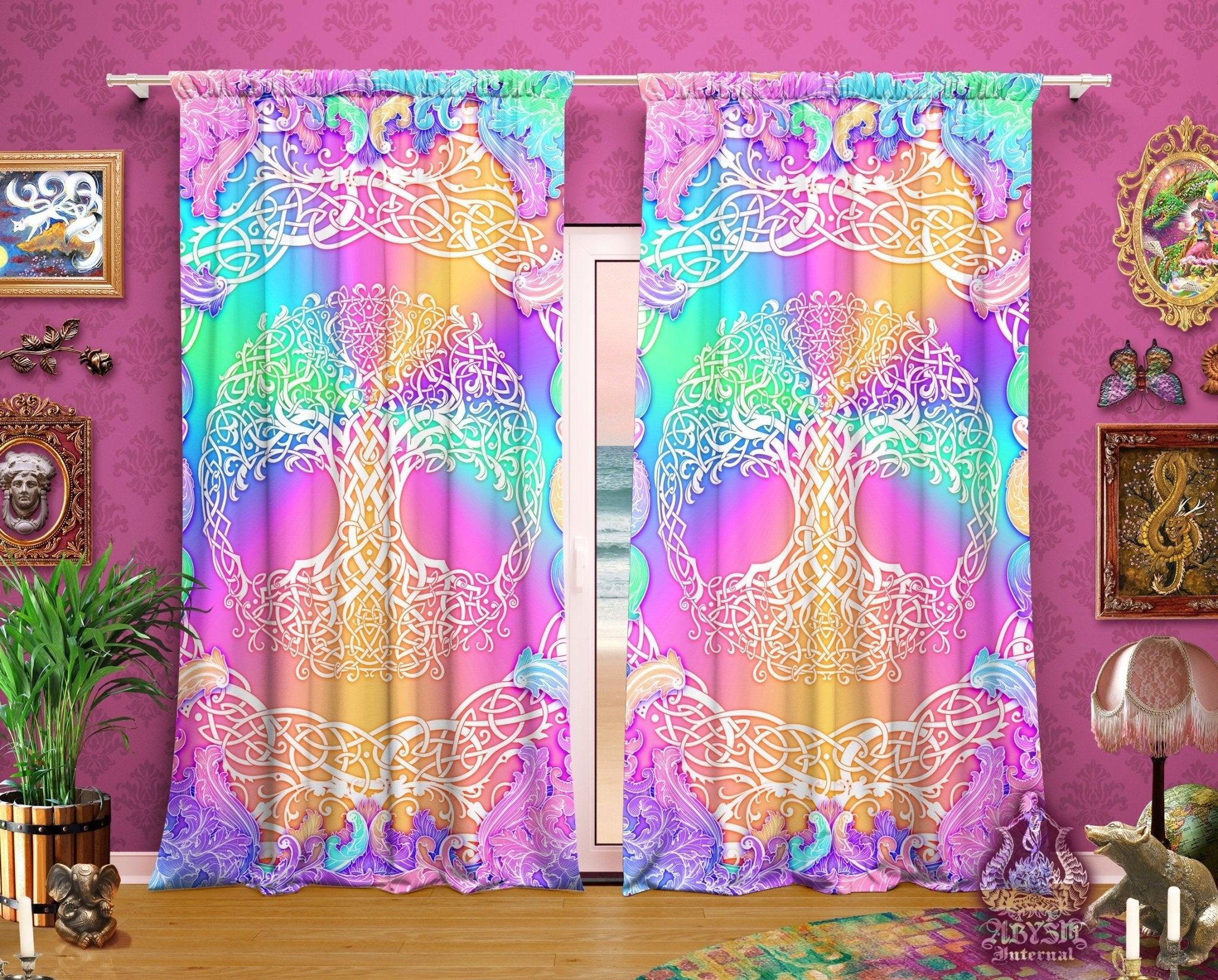 Tree of Life Blackout Curtains, Long Window Panels, Celtic Knot, Wiccan Decor, Art Print, Funky and Eclectic Home Decor - Holographic and Aesthetic Room Decor, Pastel - Abysm Internal