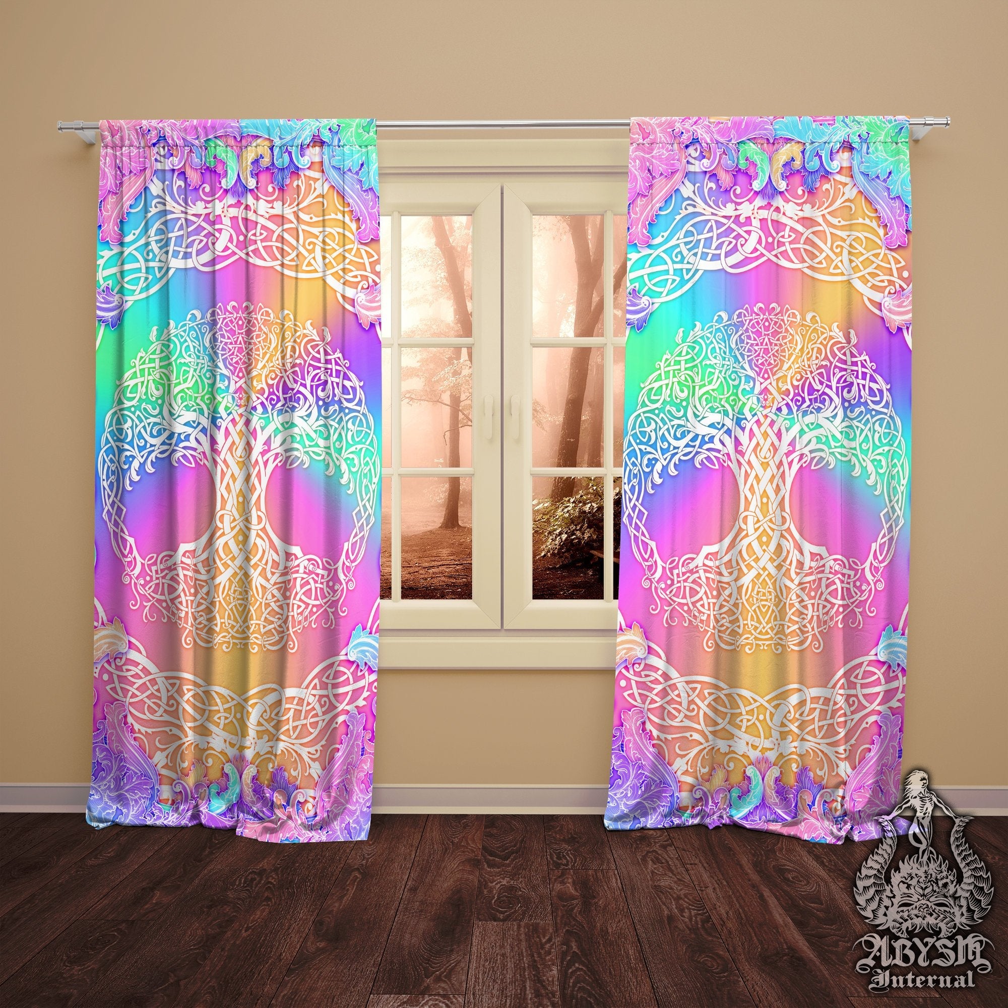 Tree of Life Blackout Curtains, Long Window Panels, Celtic Knot, Wiccan Decor, Art Print, Funky and Eclectic Home Decor - Holographic and Aesthetic Room Decor, Pastel - Abysm Internal
