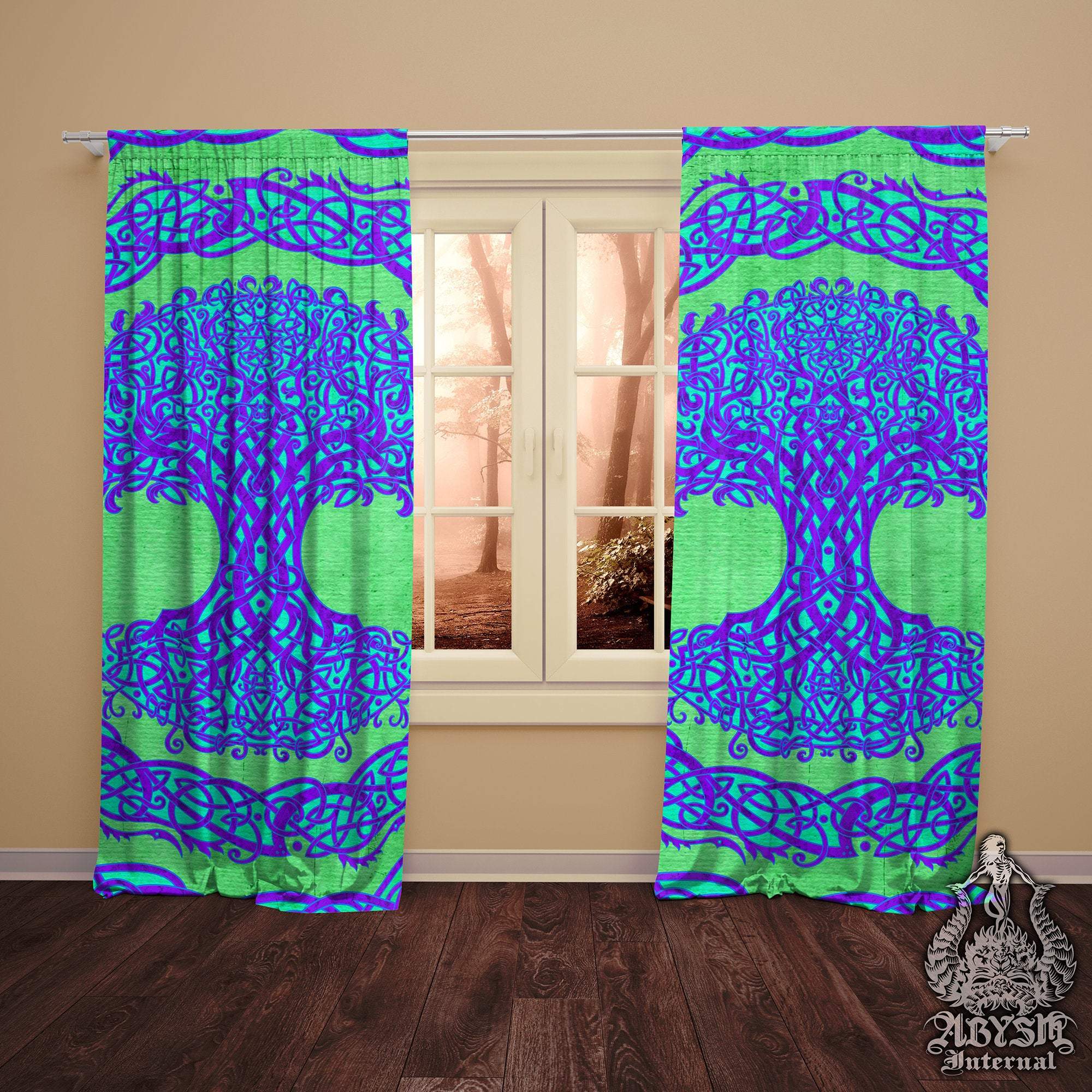 Tree of Life Blackout Curtains, Long Window Panels, Celtic Knot, Wiccan Room Decor, Art Print, Funky and Eclectic Home Decor - Psy, Green & Purple - Abysm Internal