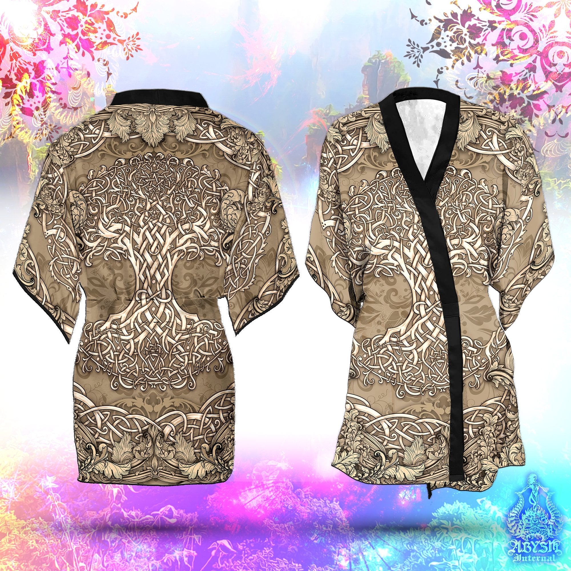 Tree of Life Cover Up, Beach Outfit, Celtic Party Kimono, Wicca Summer Festival Robe, Witchy Indie and Alternative Clothing, Unisex - Cream - Abysm Internal