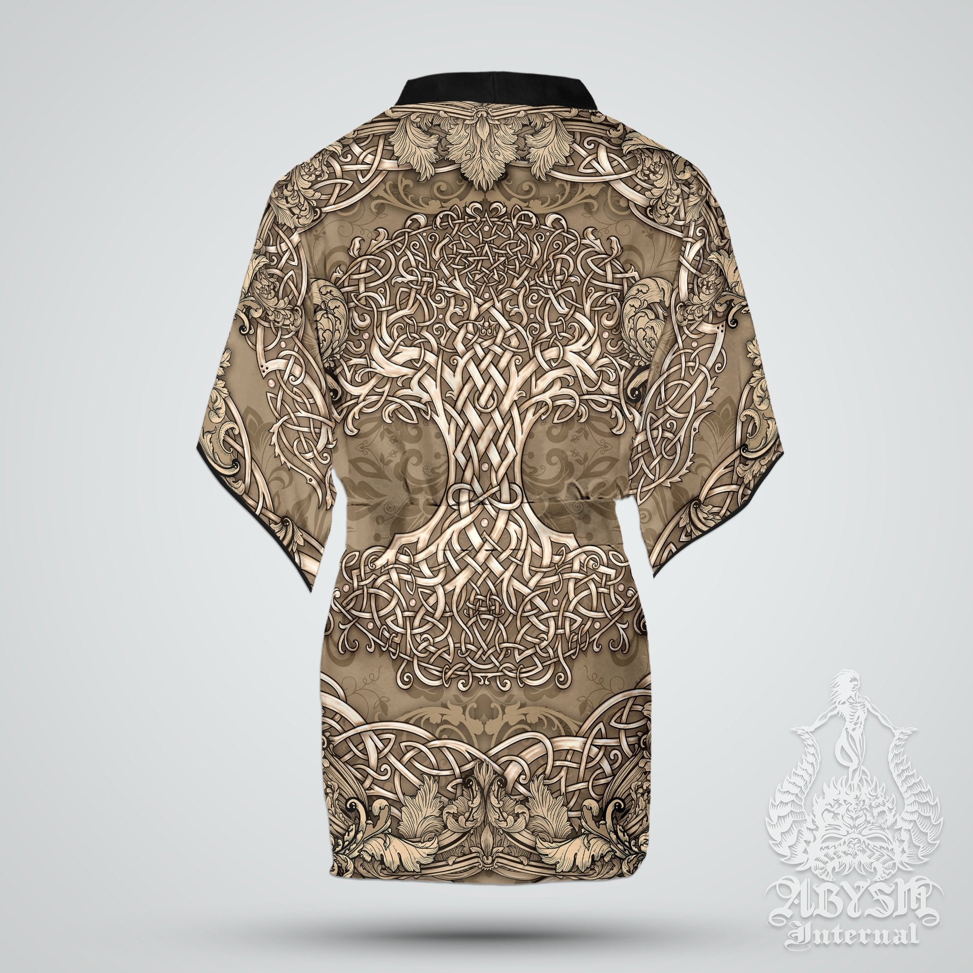 Tree of Life Cover Up, Beach Outfit, Celtic Party Kimono, Wicca Summer Festival Robe, Witchy Indie and Alternative Clothing, Unisex - Cream - Abysm Internal