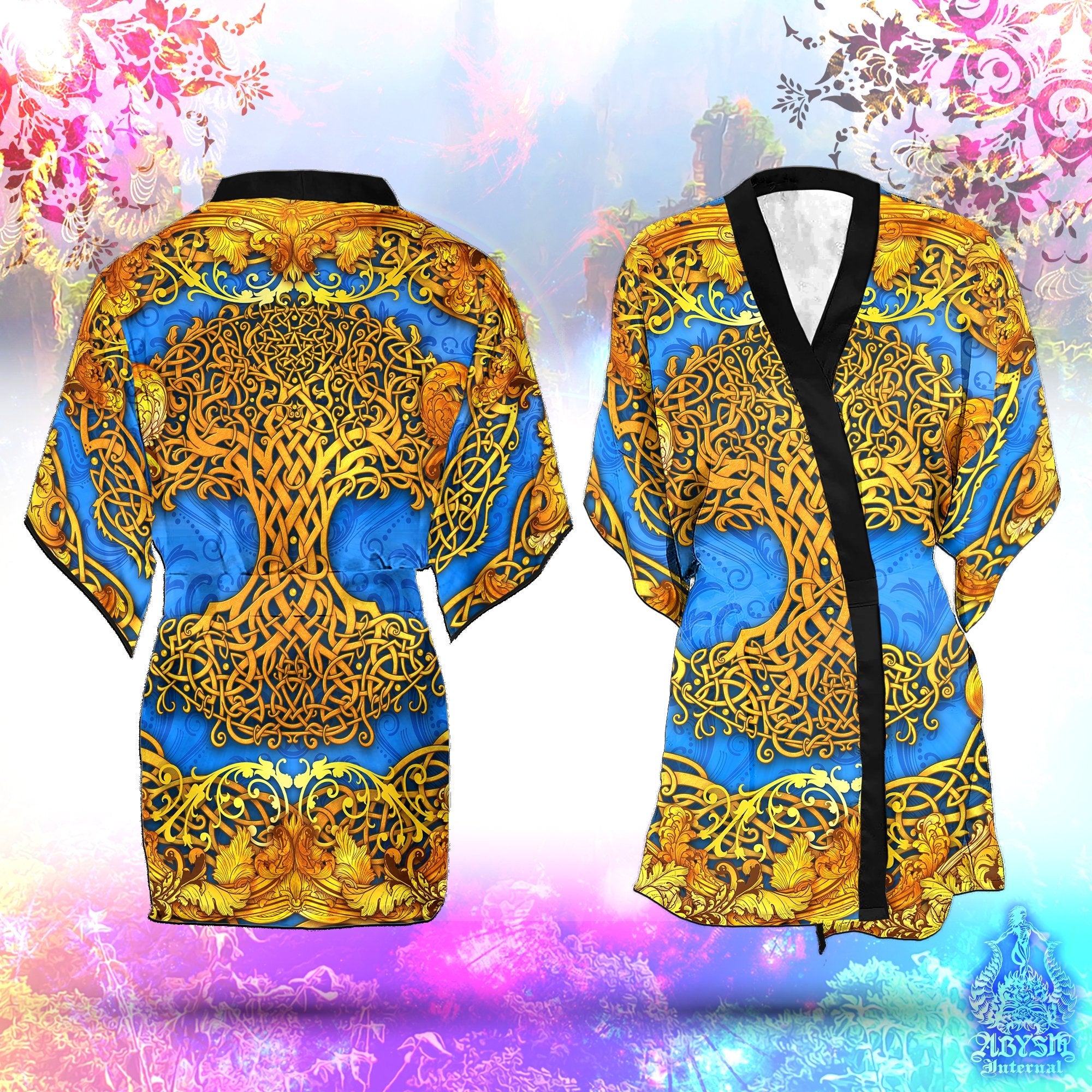 Tree of Life Cover Up, Beach Outfit, Celtic Party Kimono, Wicca Summer Festival Robe, Witchy Indie and Alternative Clothing, Unisex - Cyan Gold - Abysm Internal