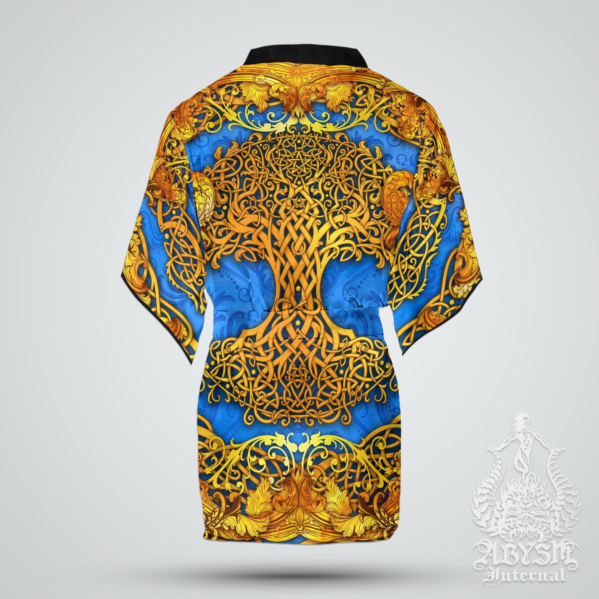 Tree of Life Cover Up, Beach Outfit, Celtic Party Kimono, Wicca Summer Festival Robe, Witchy Indie and Alternative Clothing, Unisex - Cyan Gold - Abysm Internal