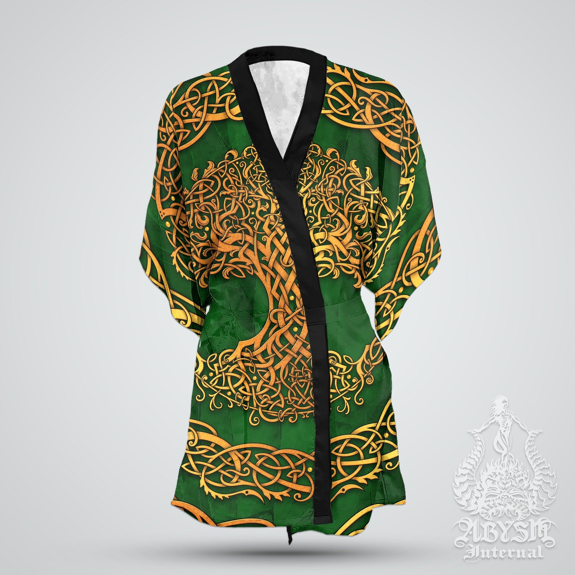 Tree of Life Cover Up, Beach Outfit, Celtic Party Kimono, Wicca Summer Festival Robe, Witchy Indie and Alternative Clothing, Unisex - Gold Green - Abysm Internal
