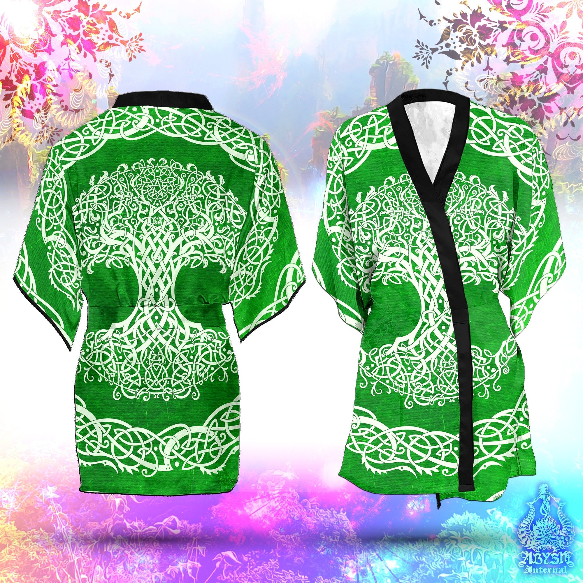 Tree of Life Cover Up, Beach Outfit, Celtic Party Kimono, Wicca Summer Festival Robe, Witchy Indie and Alternative Clothing, Unisex - Green White - Abysm Internal