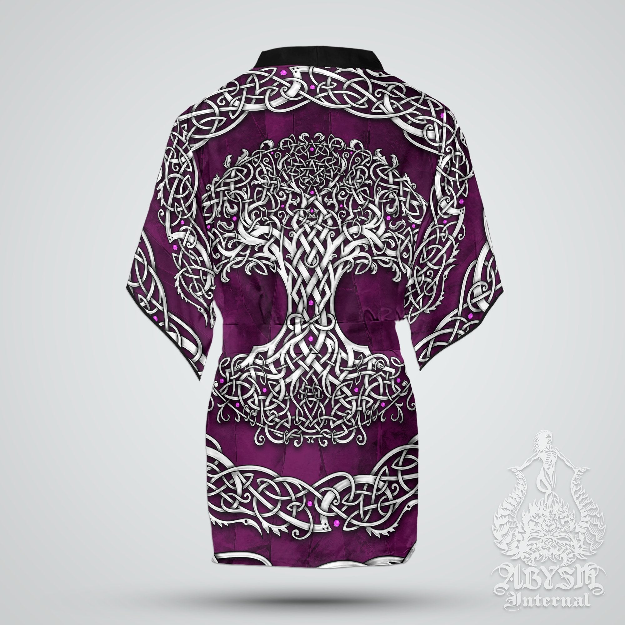 Tree of Life Cover Up, Beach Outfit, Celtic Party Kimono, Wicca Summer Festival Robe, Witchy Indie and Alternative Clothing, Unisex - White Purple - Abysm Internal