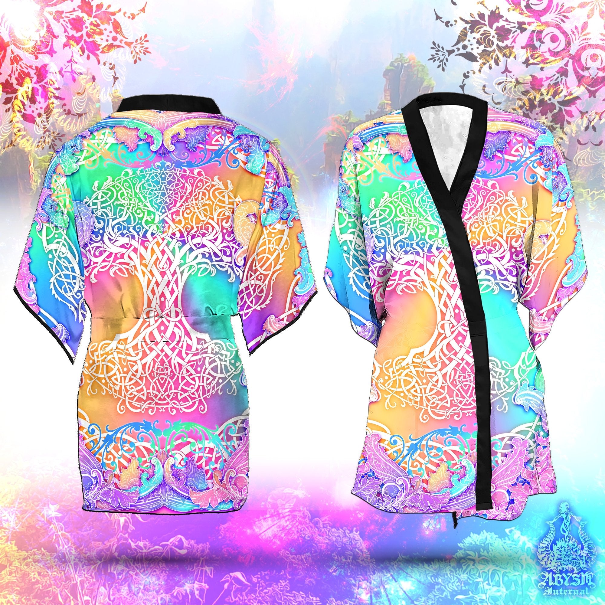 Tree of Life Cover Up, Beach Rave Outfit, Celtic Party Kimono, Wicca Summer Festival Robe, Aesthetic Witchy Indie and Alternative Clothing, Unisex - Holographic Pastel - Abysm Internal