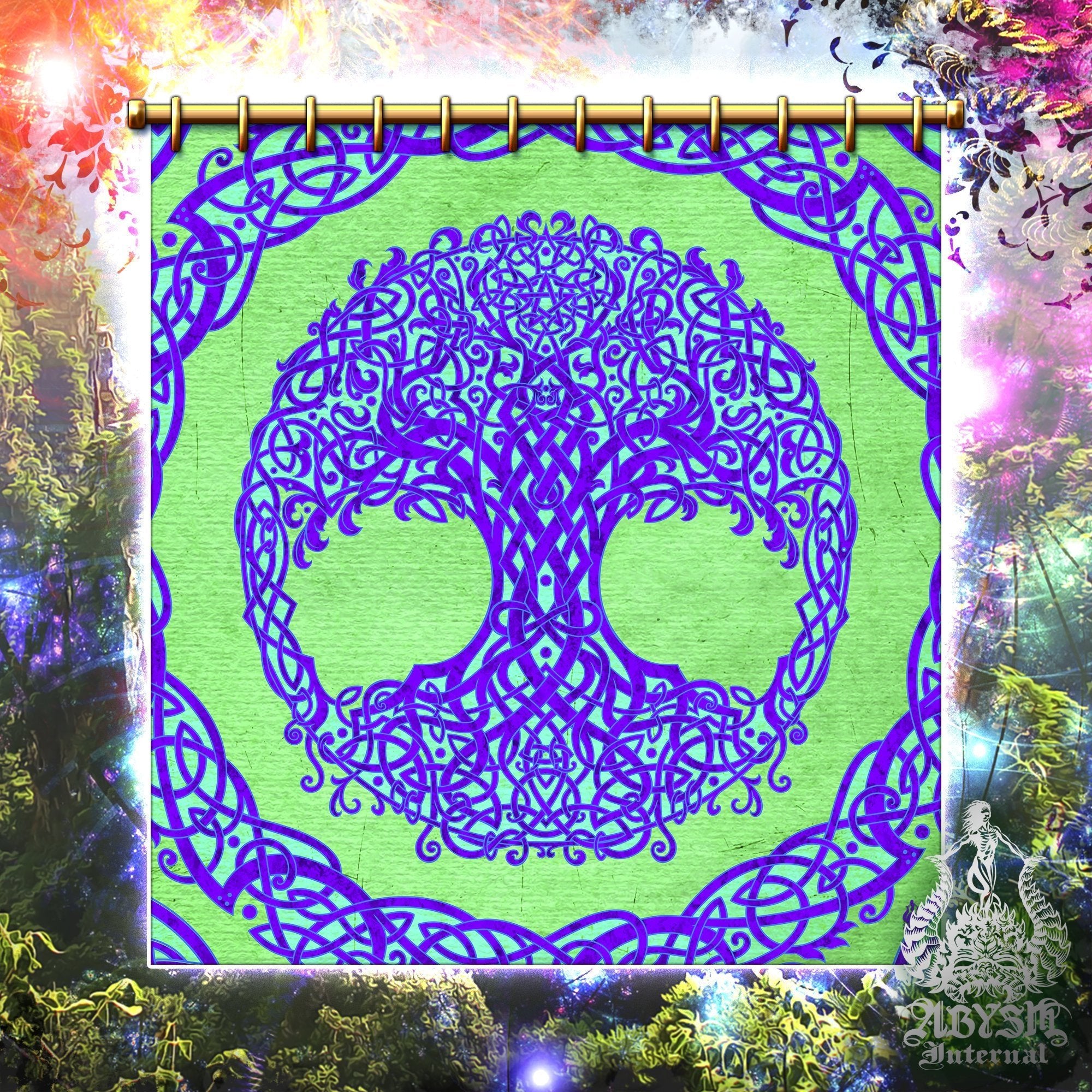 Tree of Life Shower Curtain, Boho and Pagan Bathroom Decor, Celtic Knot, Eclectic and Funky Home - Psy, Green & Purple - Abysm Internal