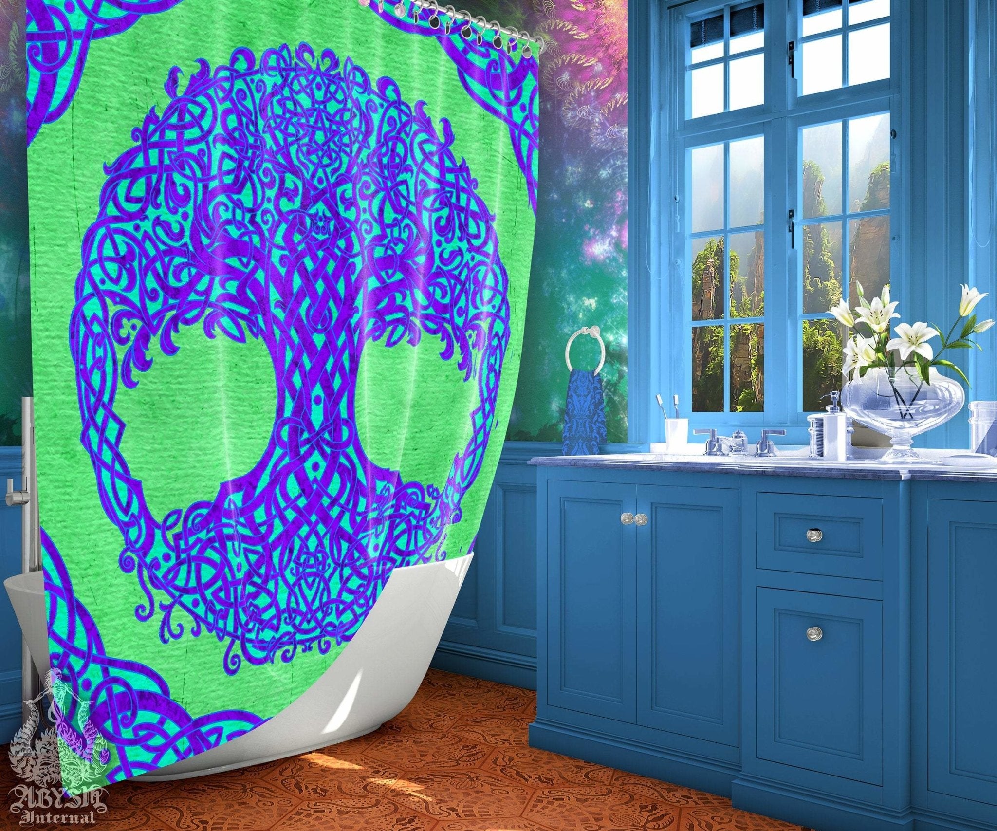 Tree of Life Shower Curtain, Boho and Pagan Bathroom Decor, Celtic Knot, Eclectic and Funky Home - Psy, Green & Purple - Abysm Internal