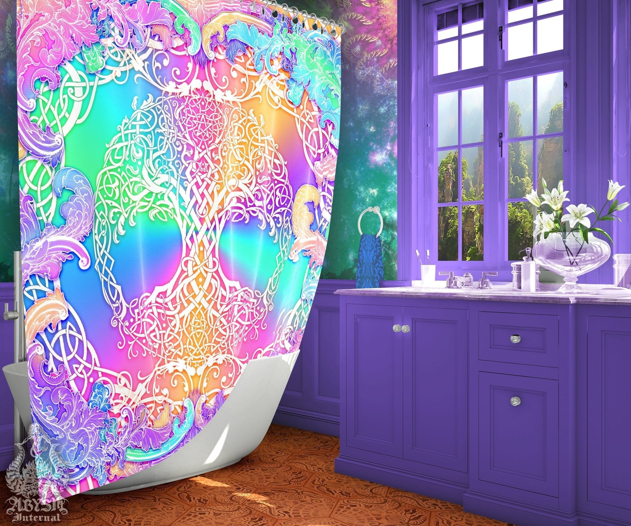 Tree of Life Shower Curtain, Holographic Bathroom Decor, Fairy Kei, Celtic Knot, Eclectic and Funky Home - Witchy Pastel Home, Aesthetic - Abysm Internal