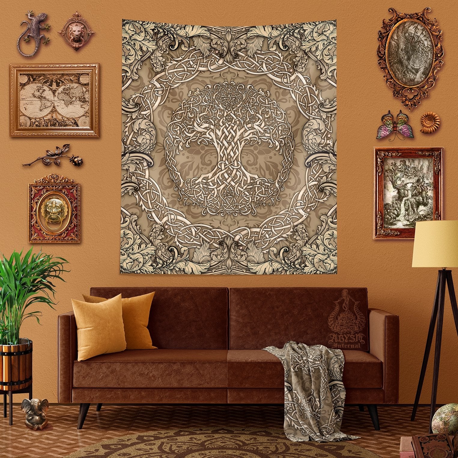 Tree of Life Tapestry, Celtic Wall Hanging, Pagan and Boho and Indie Home Decor, Art Print, Eclectic and Funky - Cream - Abysm Internal
