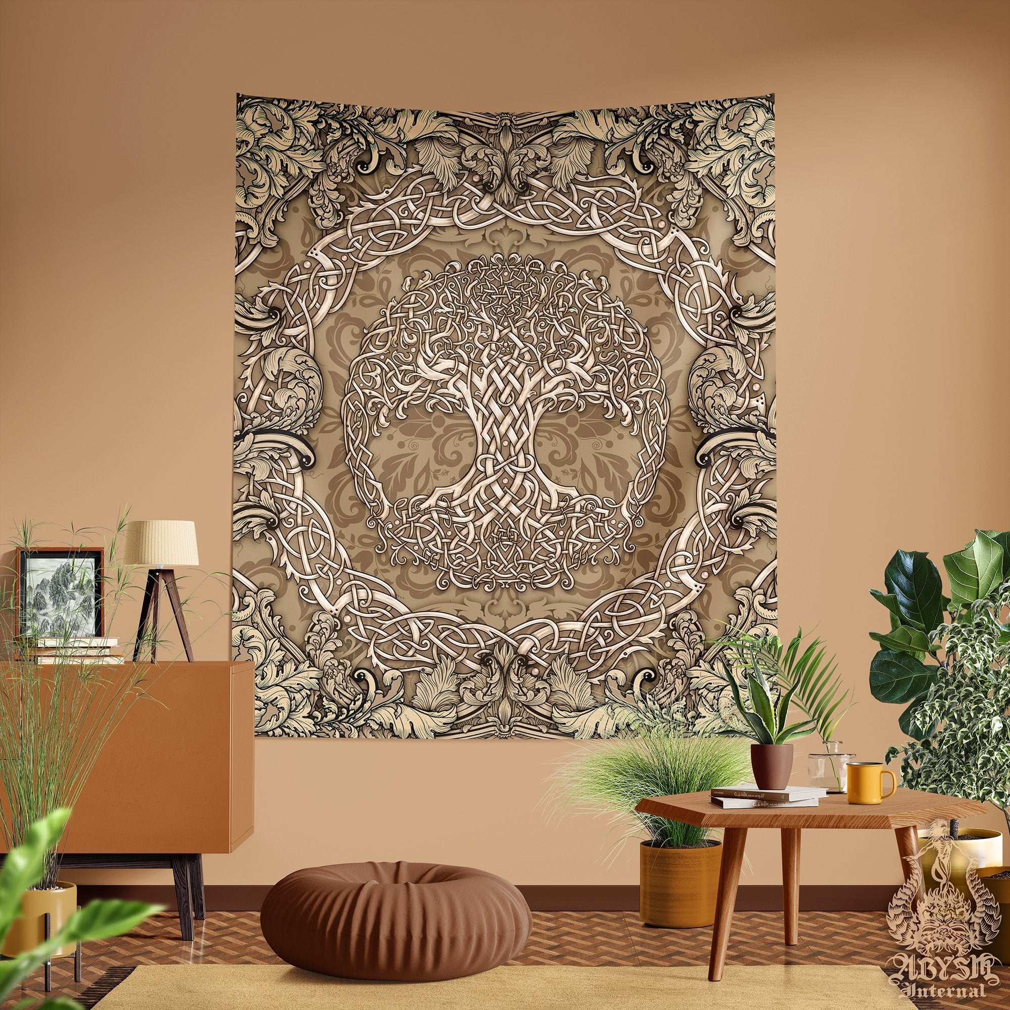 Tree of Life Tapestry, Celtic Wall Hanging, Pagan and Boho and Indie Home Decor, Art Print, Eclectic and Funky - Cream - Abysm Internal