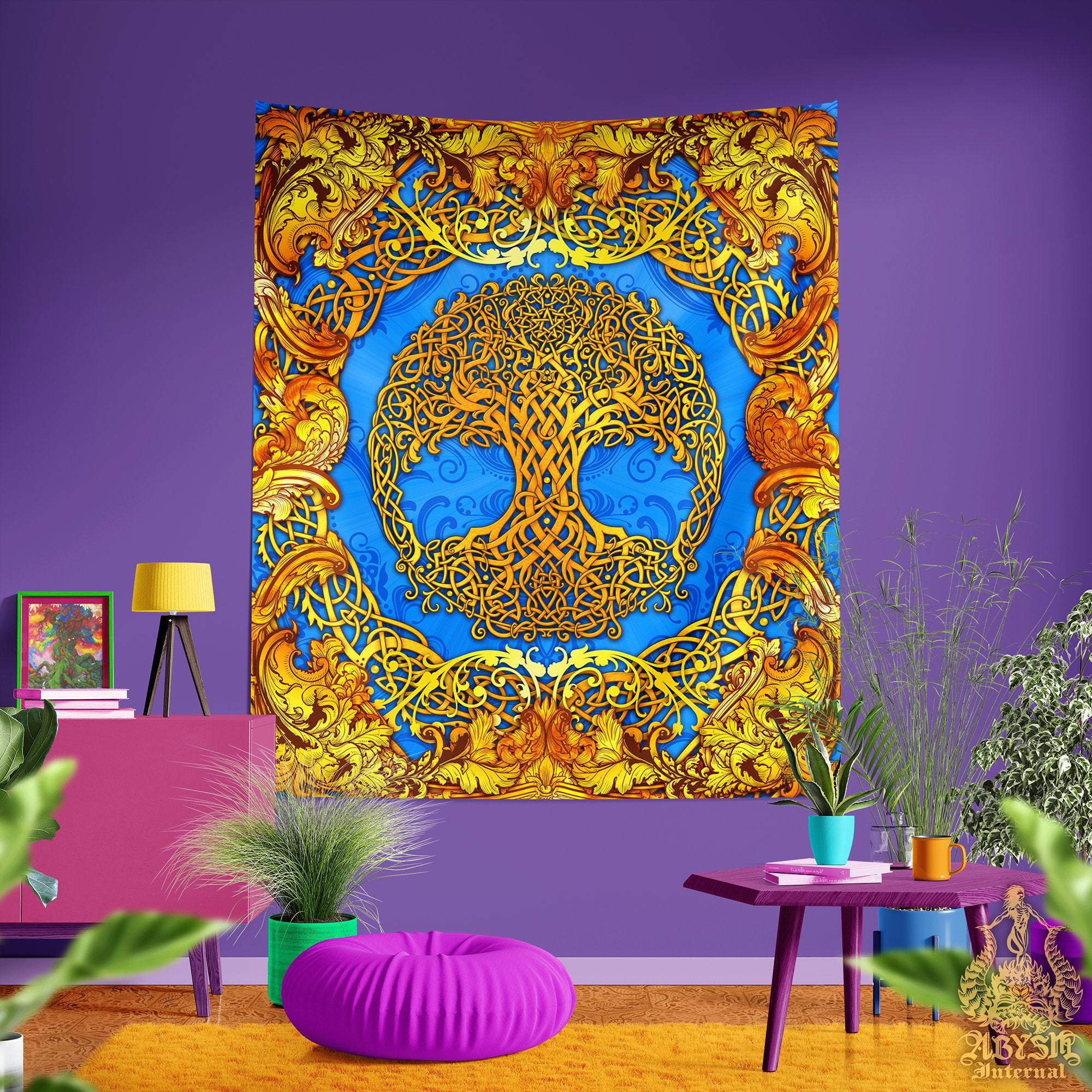 Tree of Life Tapestry, Celtic Wall Hanging, Pagan and Boho and Indie Home Decor, Art Print, Eclectic and Funky - Cyan & Gold - Abysm Internal