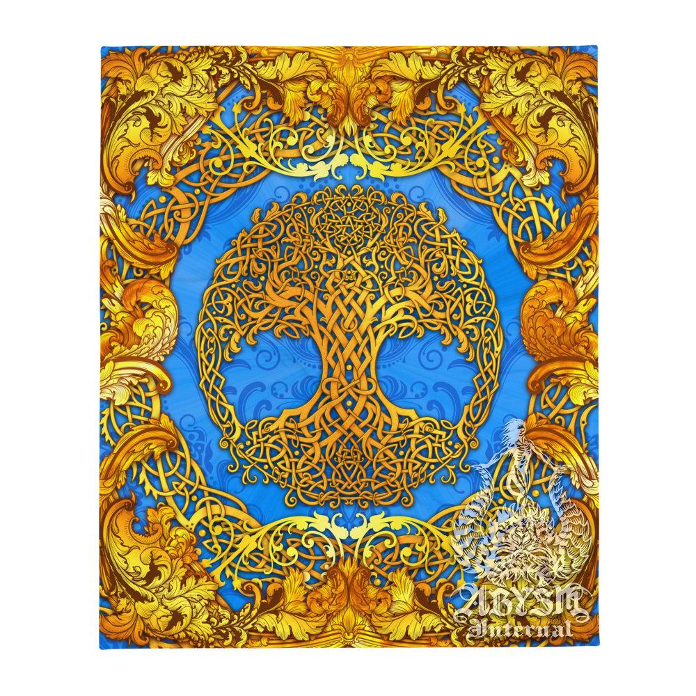Tree of Life Tapestry, Celtic Wall Hanging, Pagan and Boho and Indie Home Decor, Art Print, Eclectic and Funky - Cyan & Gold - Abysm Internal
