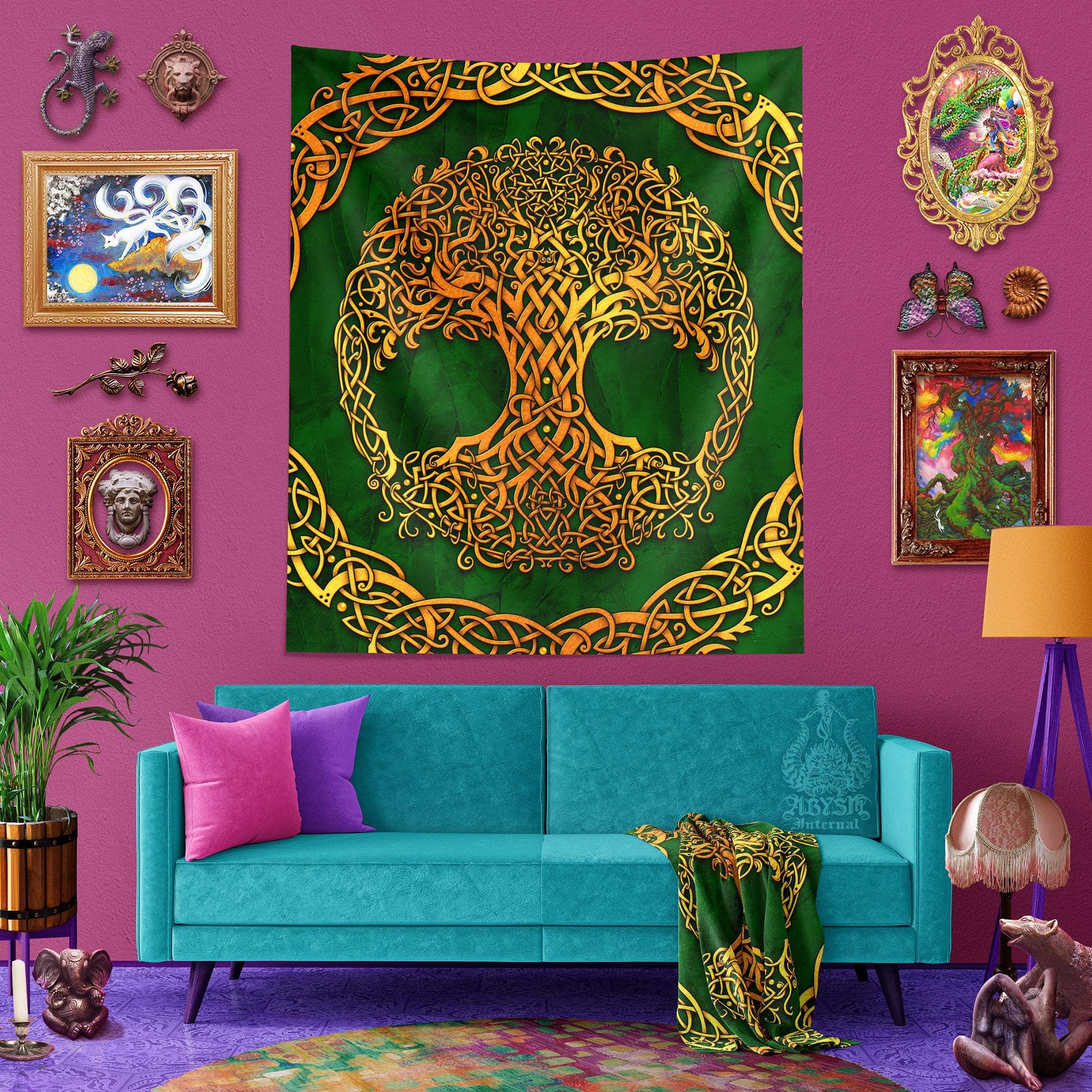 Tree of Life Tapestry, Celtic Wall Hanging, Pagan and Boho and Indie Home Decor, Art Print, Eclectic and Funky - Gold & 3 Colors - Abysm Internal