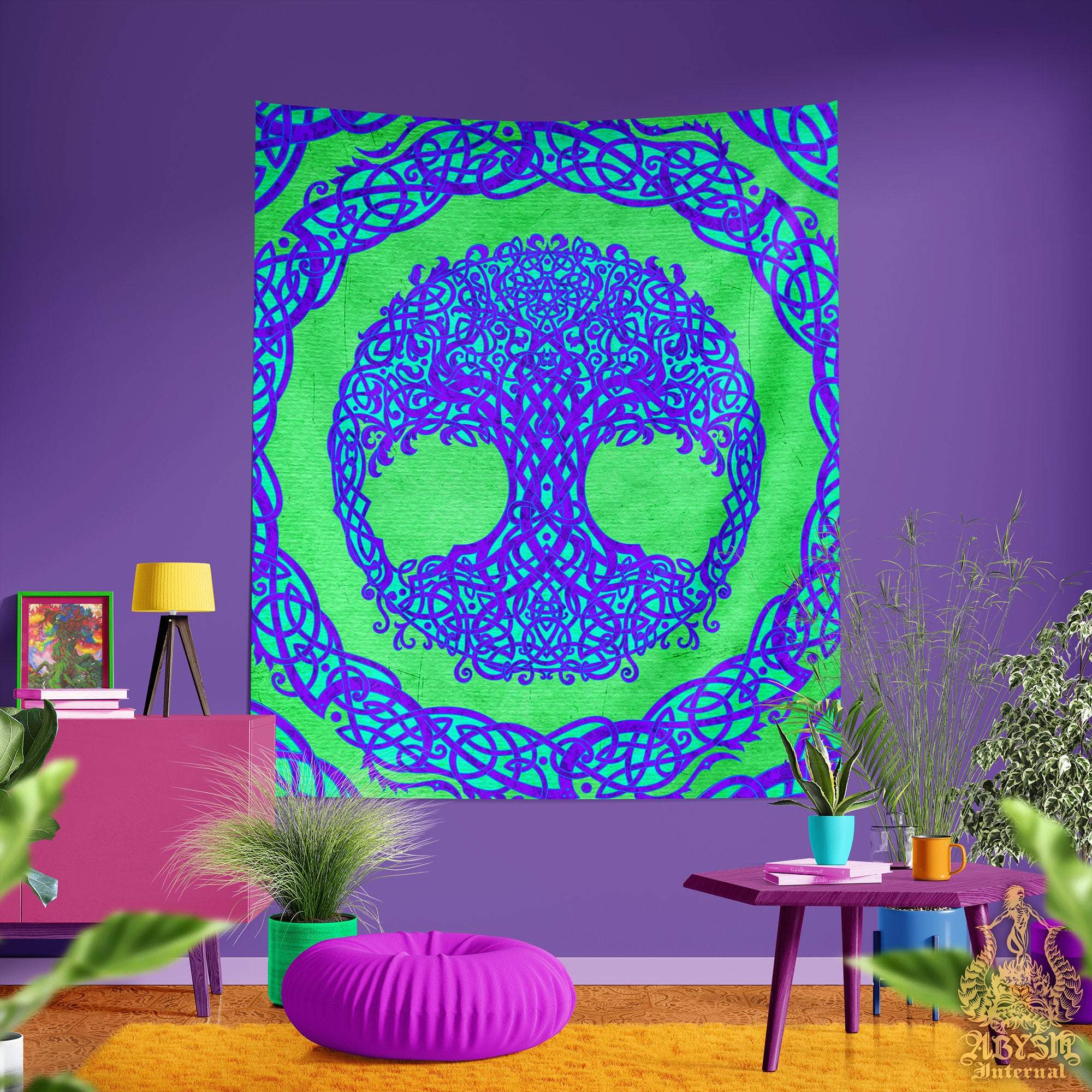 Tree of Life Tapestry, Celtic Wall Hanging, Pagan and Boho and Indie Home Decor, Art Print, Eclectic and Funky - Psy, Green & Purple - Abysm Internal
