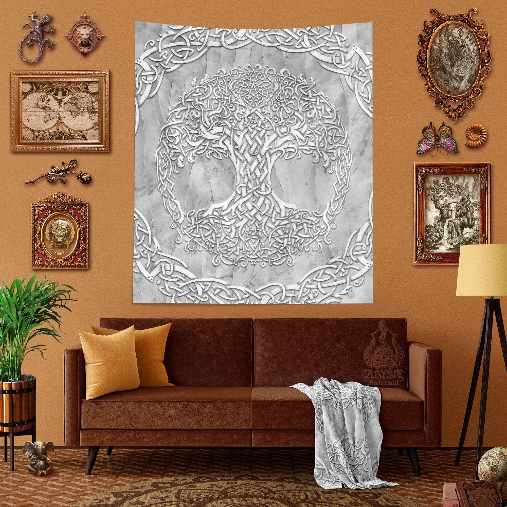 Tree of Life Tapestry, Celtic Wall Hanging, Pagan and Boho and Indie Home Decor, Art Print, Eclectic and Funky - Stone - Abysm Internal