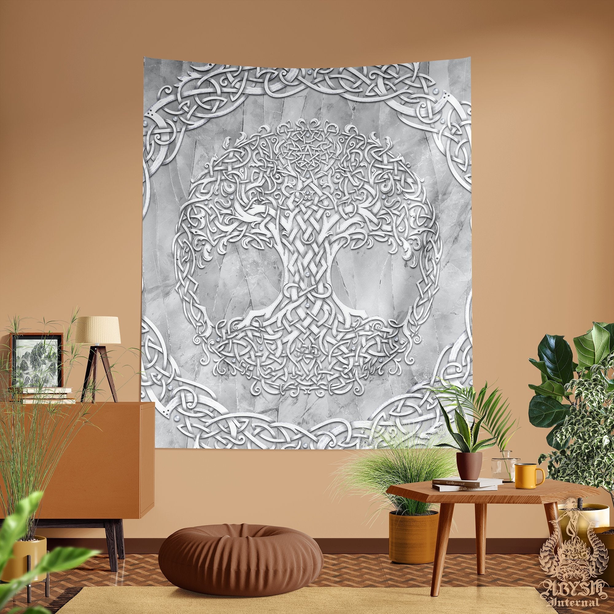 Tree of Life Tapestry, Celtic Wall Hanging, Pagan and Boho and Indie Home Decor, Art Print, Eclectic and Funky - Stone - Abysm Internal