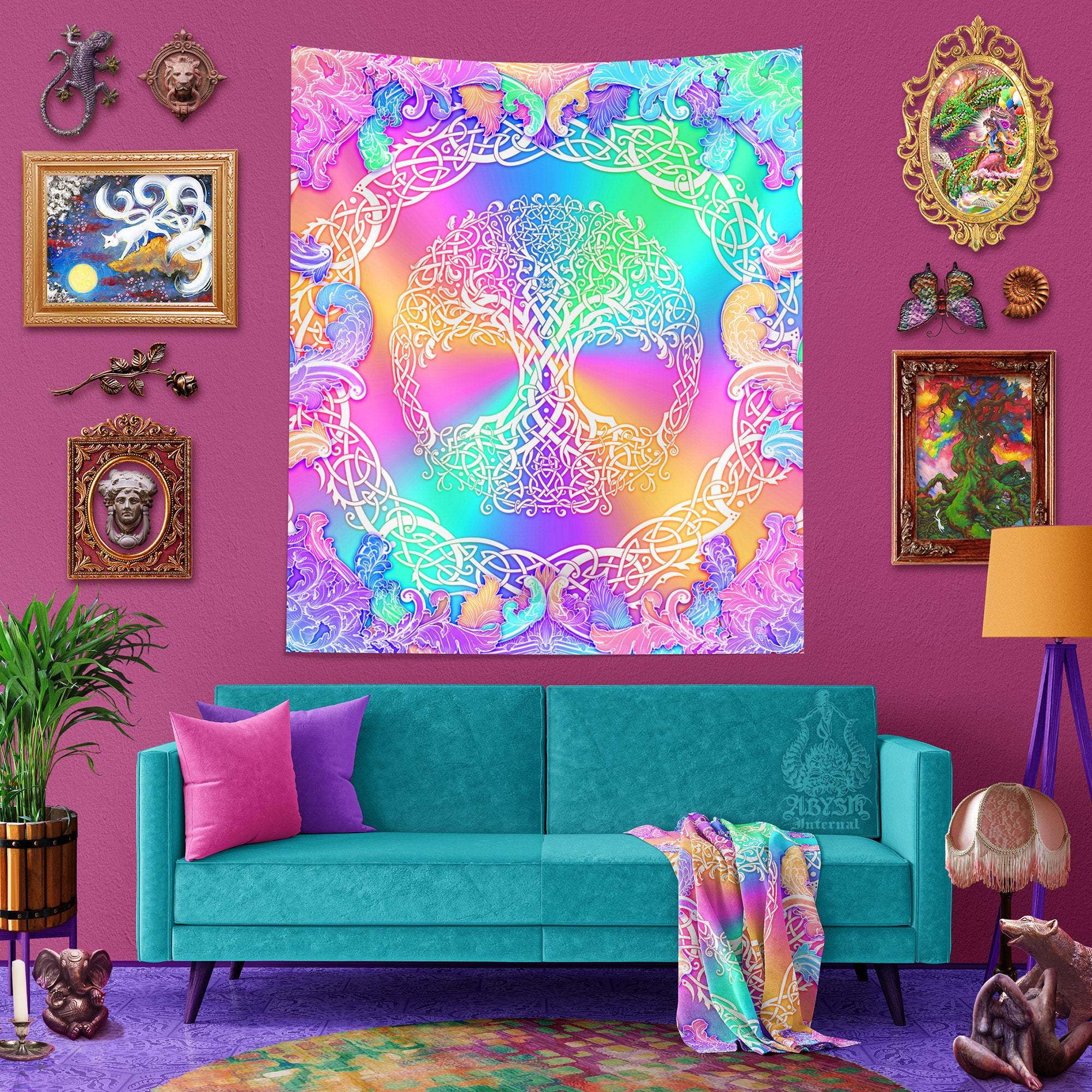 Tree of Life Tapestry, Celtic Wall Hanging, Pagan and Boho Home Decor, Art Print, Eclectic and Funky - Aesthetic, Holographic Pastel - Abysm Internal