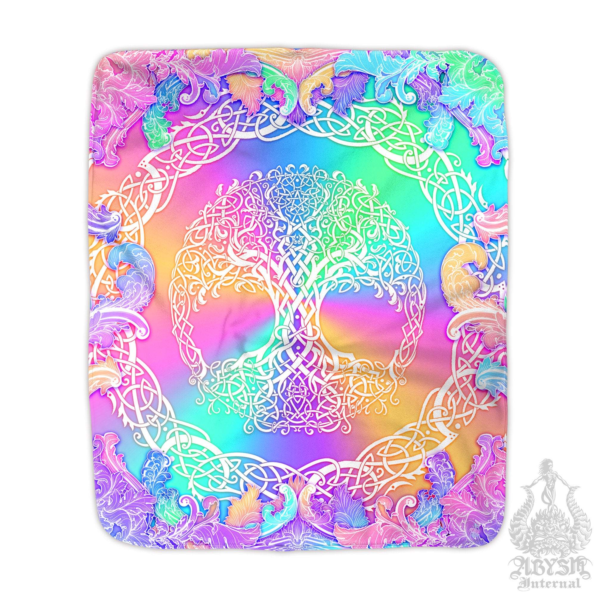 Tree of Life Throw Fleece Blanket, Pagan Decor, Celtic Knot, Witch Room, Wicca, Eclectic and Funky Gift - Aesthetic, Holographic Pastel - Abysm Internal