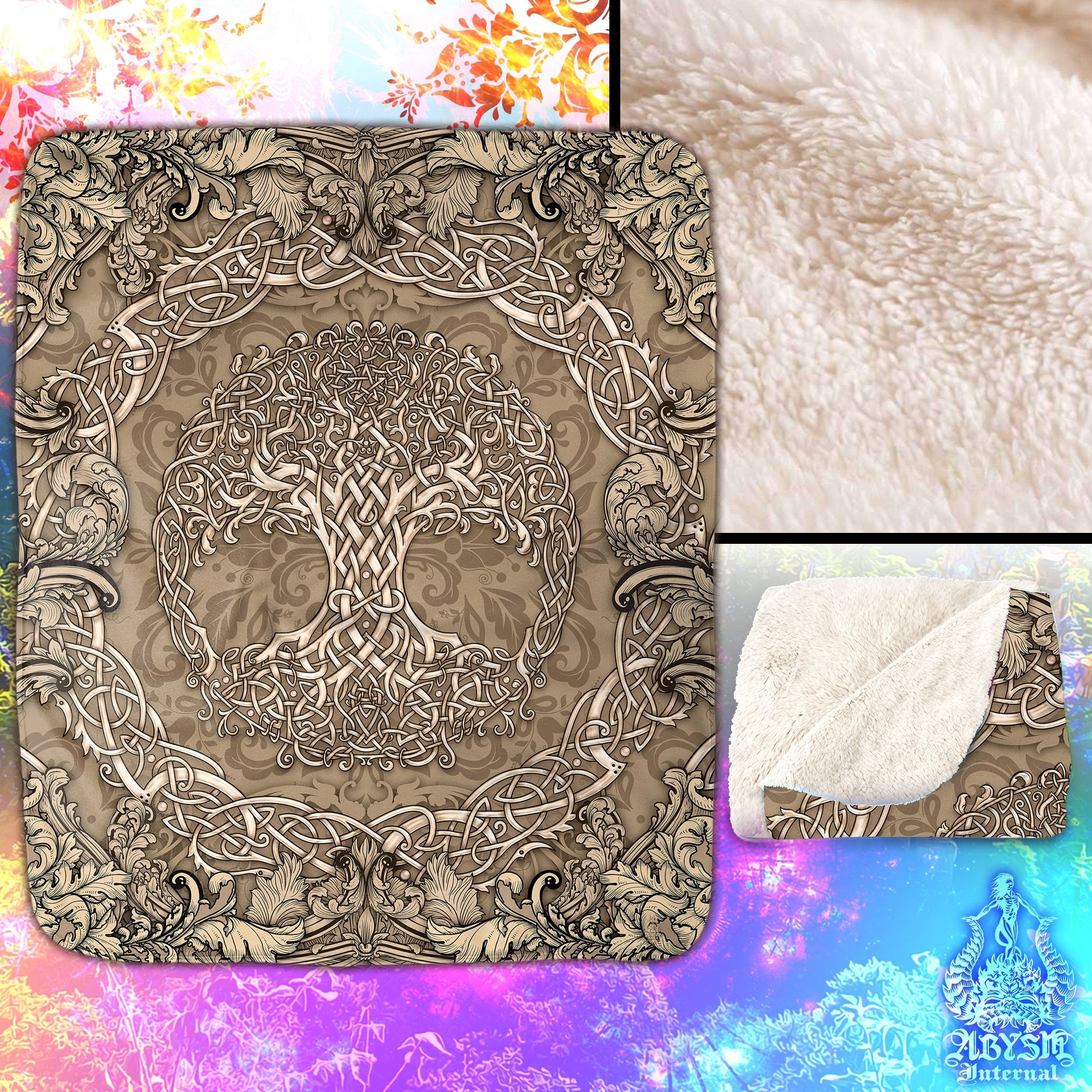 Tree of Life Throw Fleece Blanket, Pagan Decor, Celtic Knot, Witch Room, Wicca, Eclectic and Funky Gift - Cream - Abysm Internal