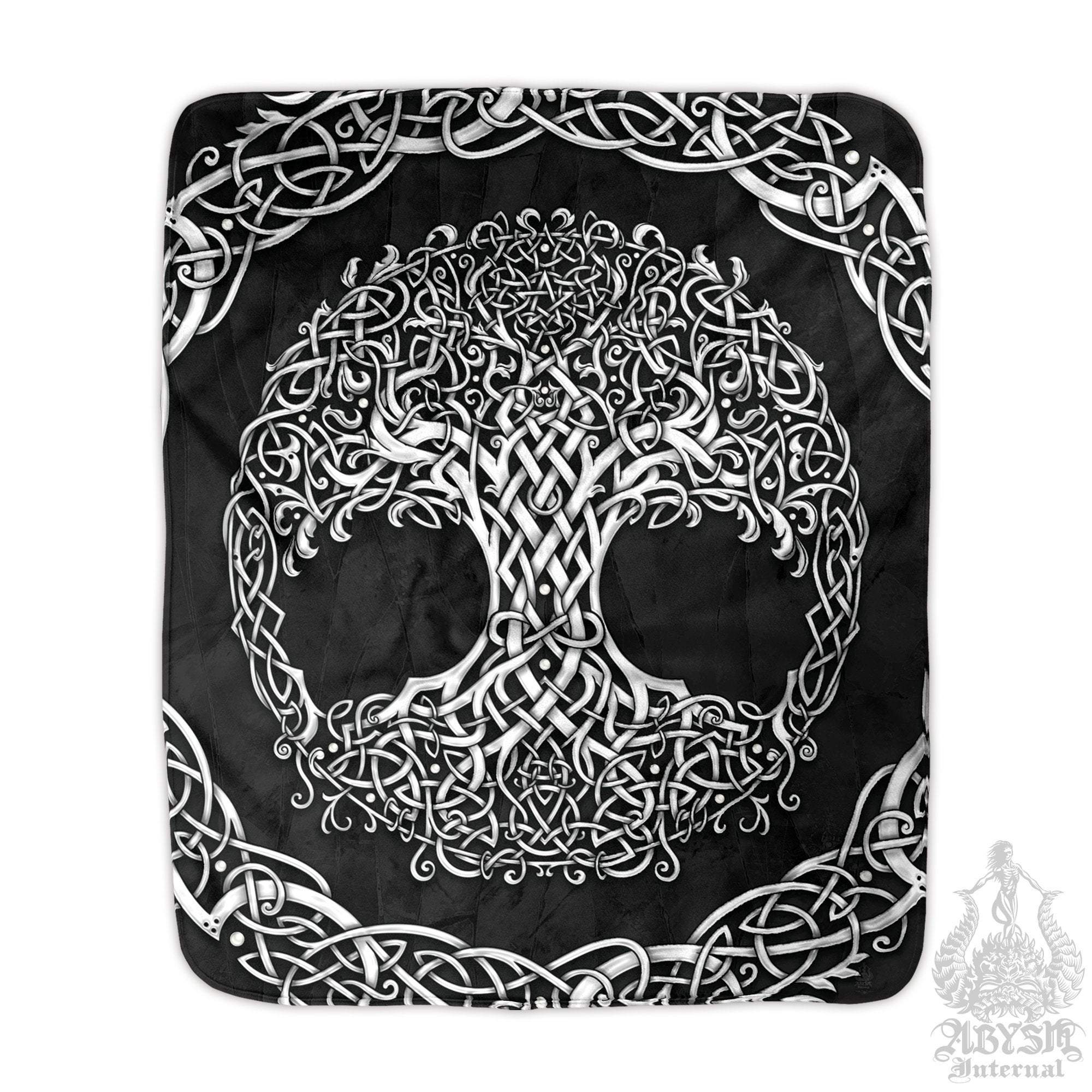 Tree of Life Throw Fleece Blanket, Pagan Decor, Celtic Knot, Witch Room, Wicca - White & Black - Abysm Internal