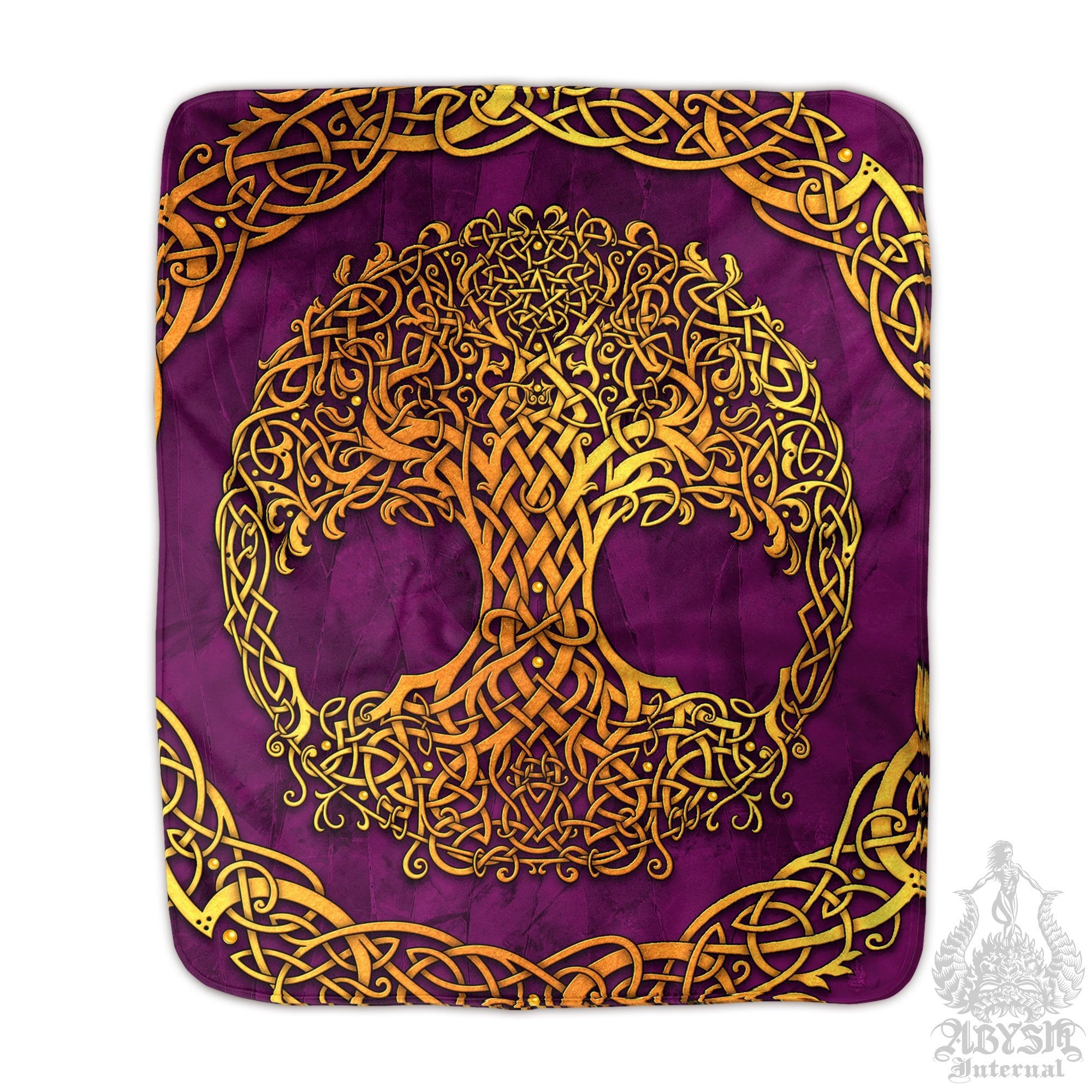 Tree of Life Throw Fleece Blanket, Pagan Decor, Celtic Knot, Witchy Room, Wicca - Gold & Purple - Abysm Internal