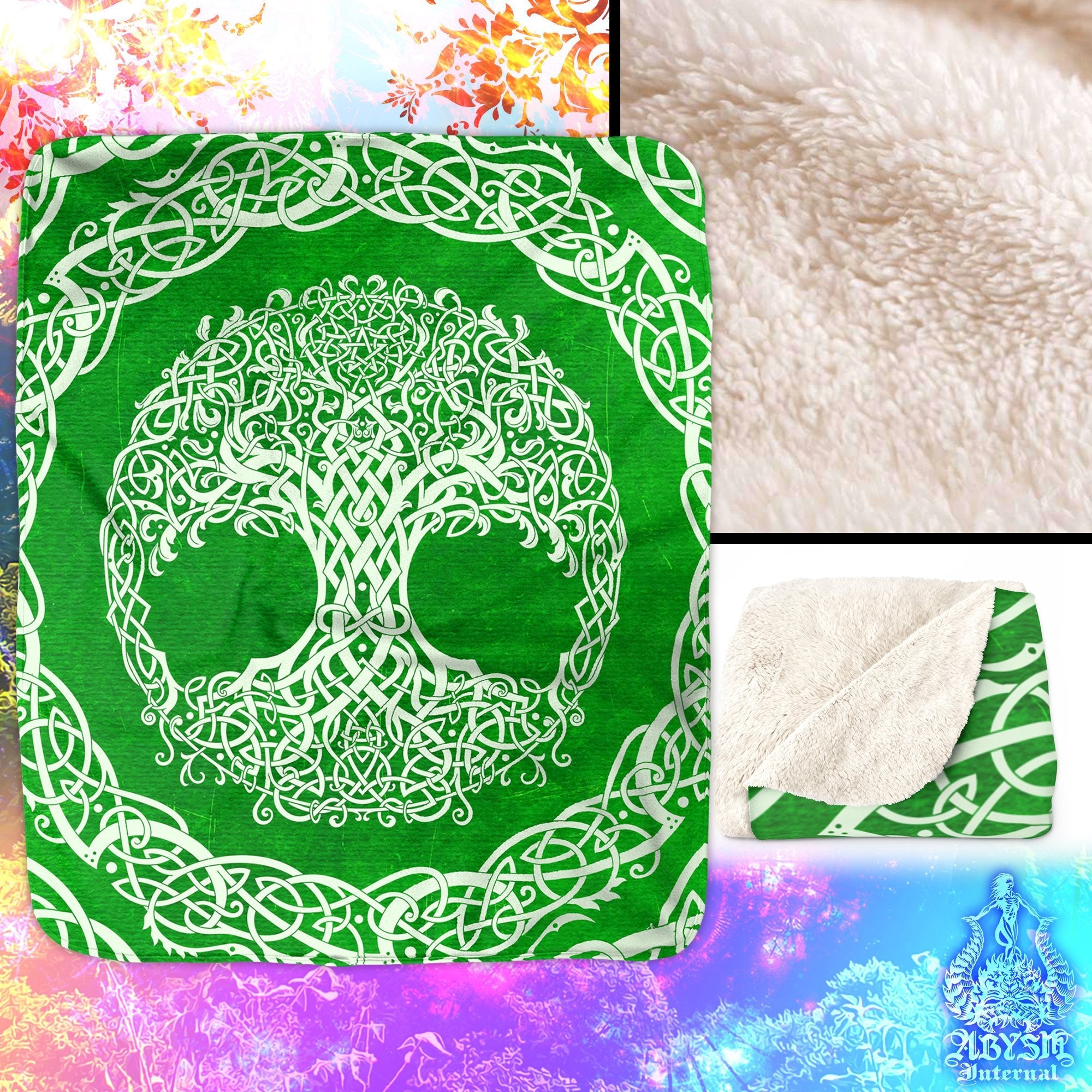 Tree of Life Throw Fleece Blanket, Pagan Decor, Celtic Knot, Witchy Room, Wicca - Green & White - Abysm Internal