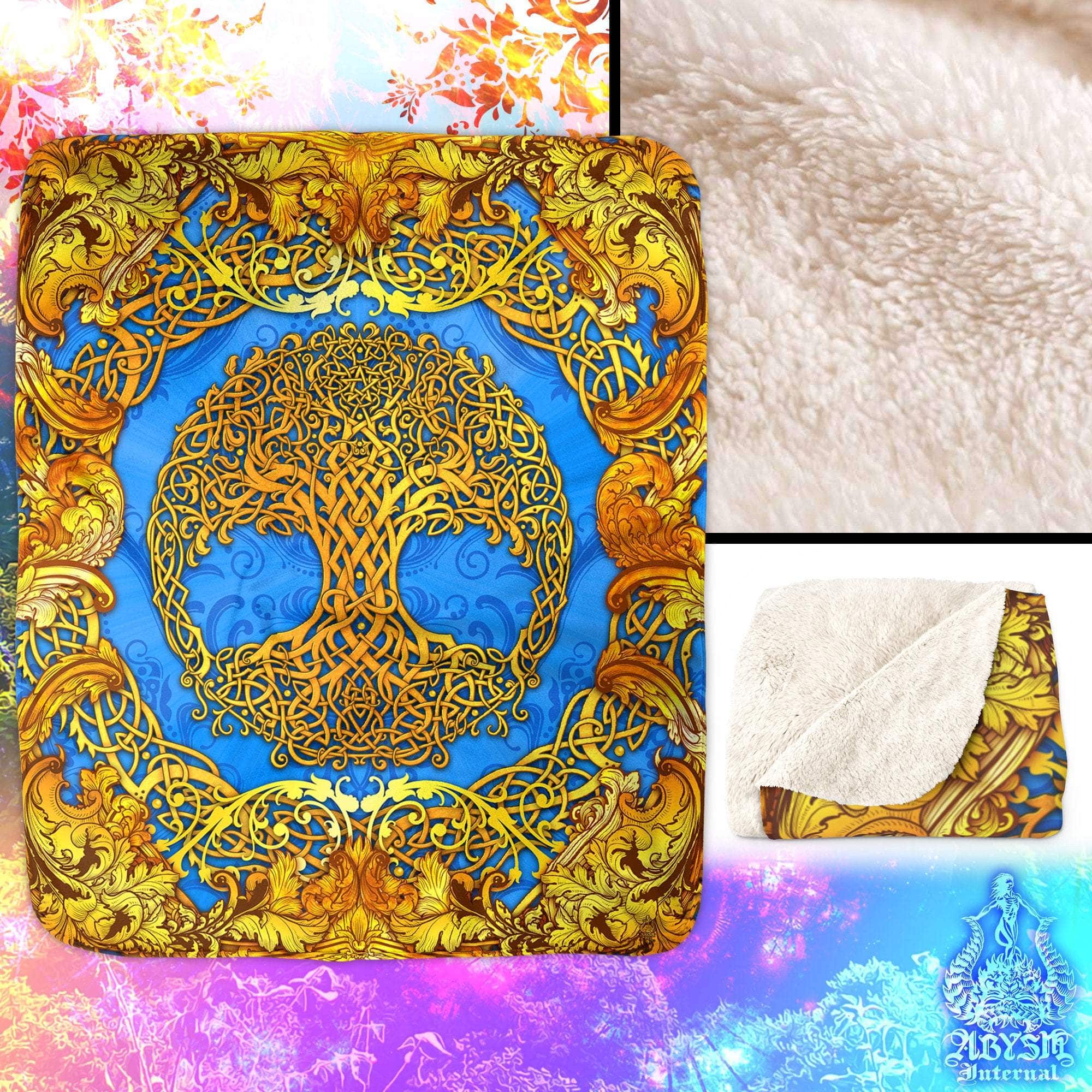 Tree of Life Throw Fleece Blanket, Pagan Decor, Celtic Knot, Witchy Room, Wiccan, Eclectic and Funky Gift - Cyan & Gold - Abysm Internal