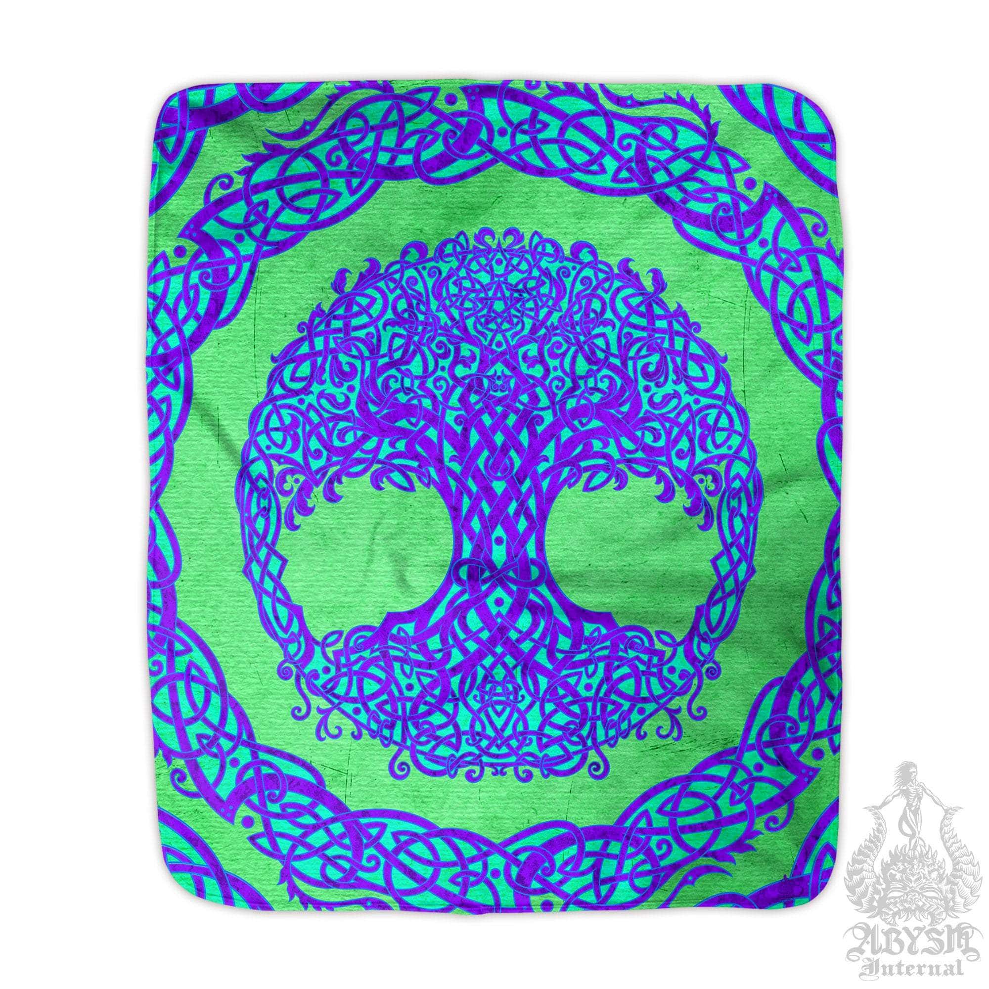 Tree of Life, Throw Fleece Blanket, Pagan Decor, Celtic Knot, Witchy Room, Wiccan - Psy, Green & Purple - Abysm Internal