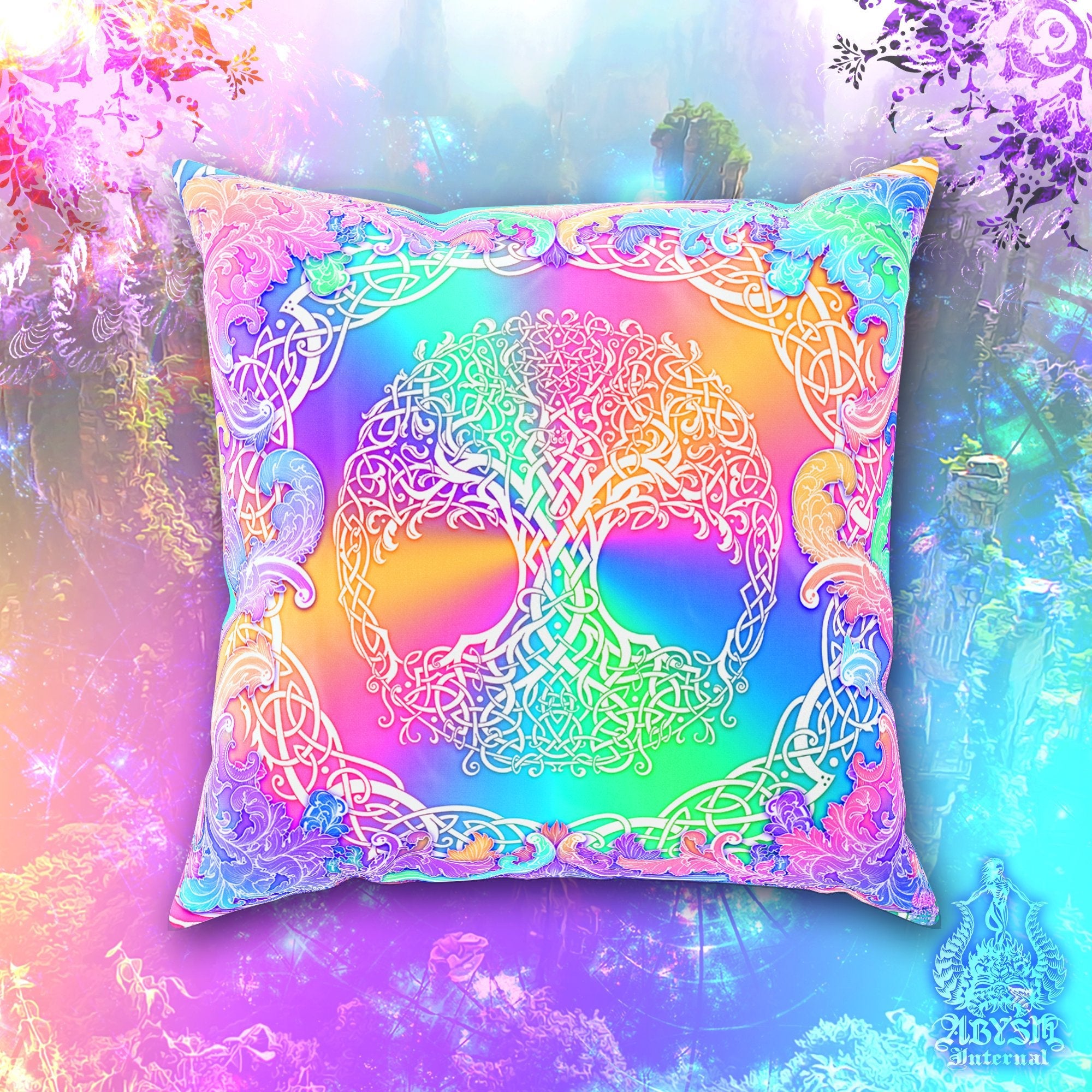 Tree of Life Throw Pillow, Decorative Accent Cushion, Wicca, Aesthetic and Pagan Room Decor, Witchy Art, Celtic Knot, Funky and Eclectic Home - Holographic Pastel - Abysm Internal