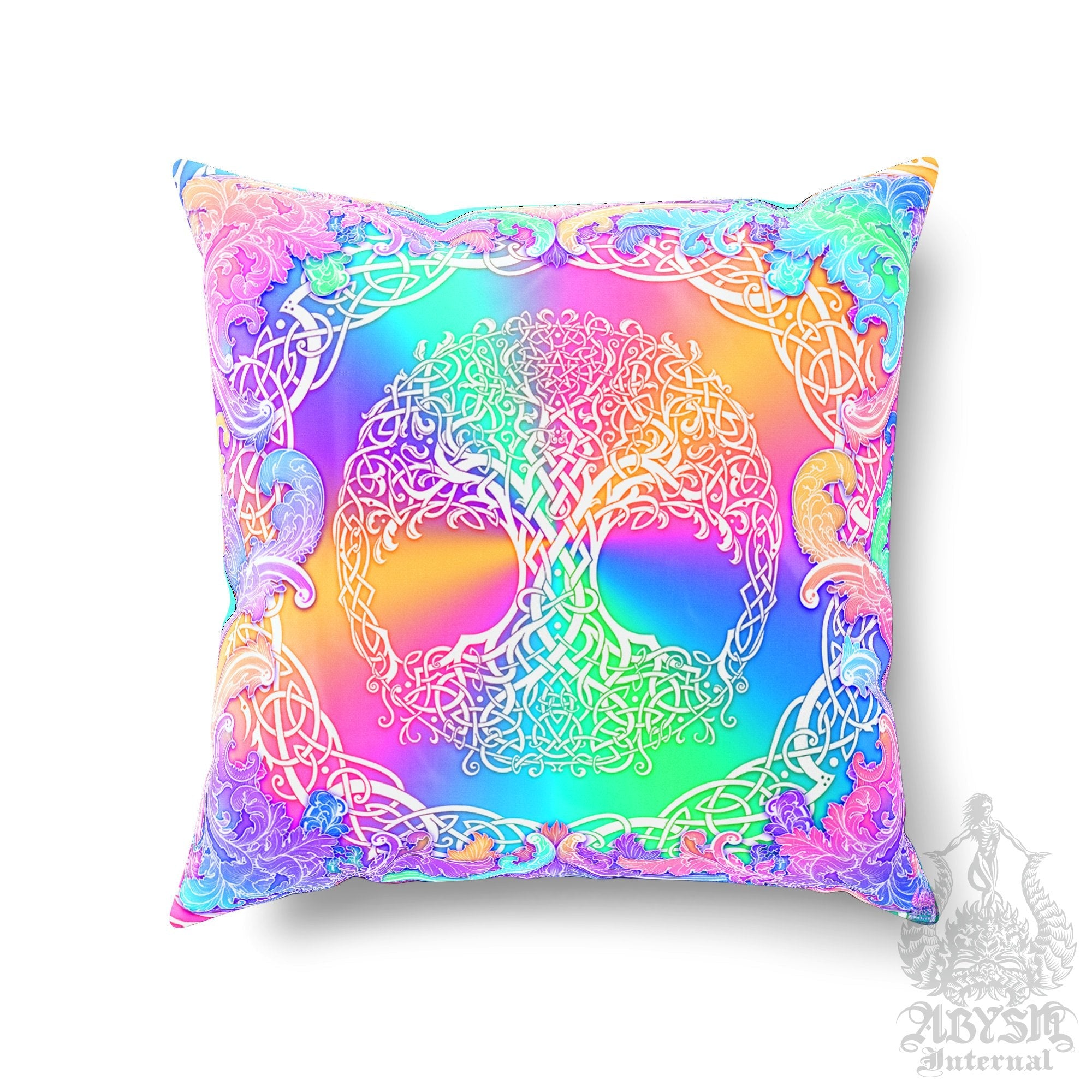 Tree of Life Throw Pillow, Decorative Accent Cushion, Wicca, Aesthetic and Pagan Room Decor, Witchy Art, Celtic Knot, Funky and Eclectic Home - Holographic Pastel - Abysm Internal